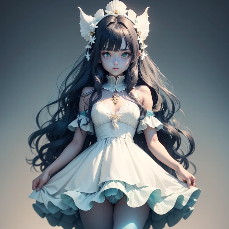 (Blue skin) Single female with legs. Fin ears. (Dark green)wavy hair. Standing up with white dress. Shell hair ornaments
