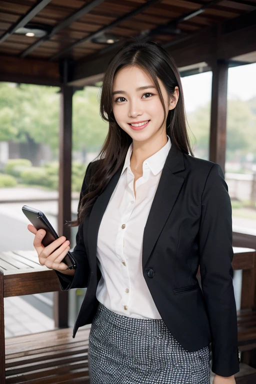 Wagas、Calling on your smartphone、Beautiful woman、business sui、Black jacket、White button shirt、tight skirts、a picture、A detailed face、Detailed lips、A detailed eye、A smile、Japan Women、
