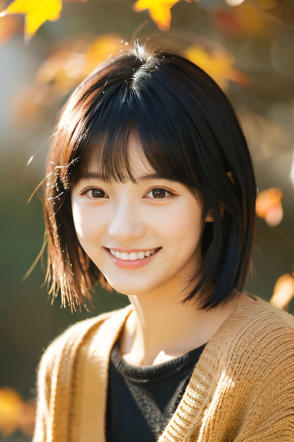 22year old（年轻）、Black Hair Bob、natural and light makeup、Autumn seems to be、Smiling expression、japanes、Natural finish、For autumn leaves、Portrait image、cute little