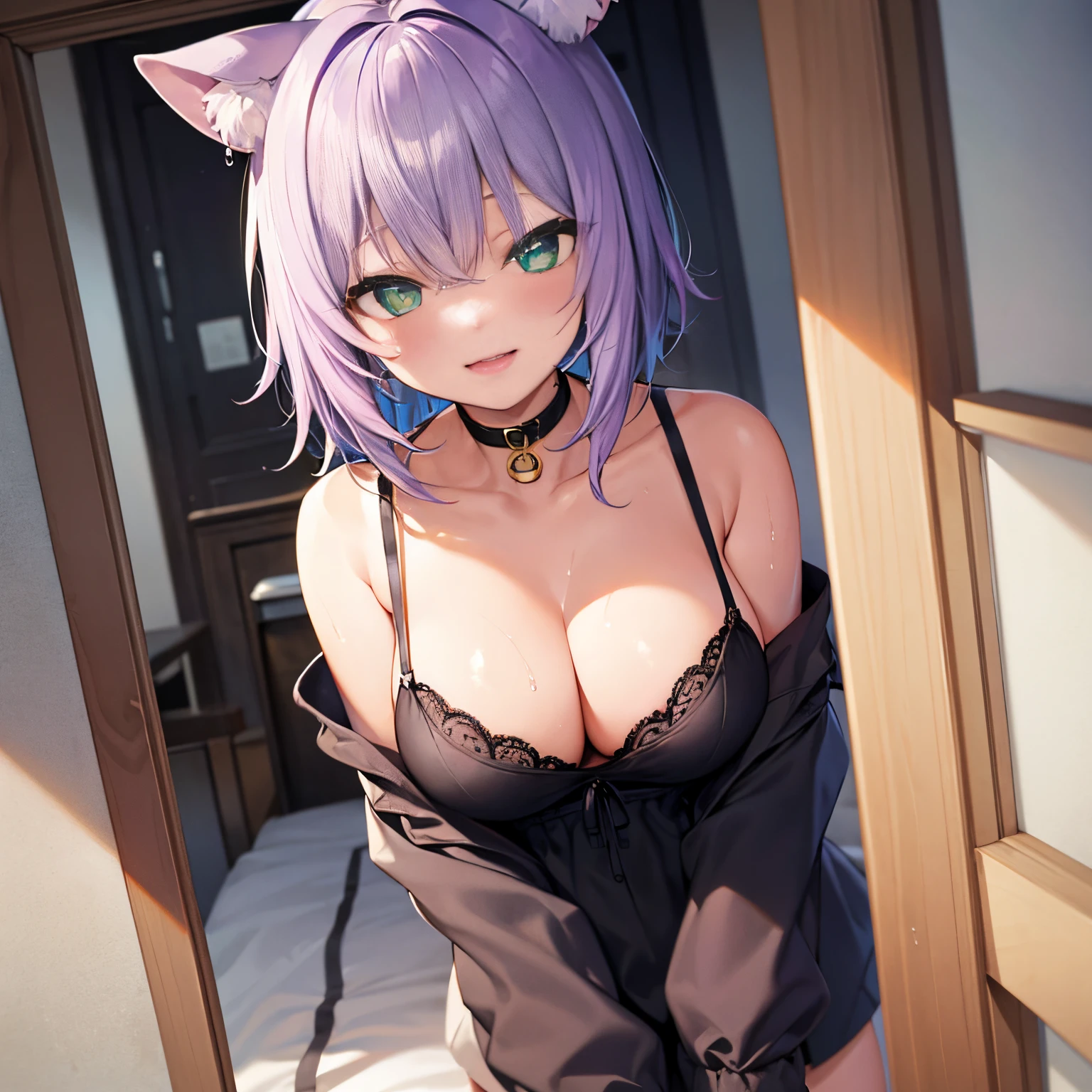 NSFW,Porridge has purple hair, (Green eyes:1.5), earrings, gold hairband, Opening legs、Wet、shairband, Long hair, side locks,BREAK lingerie, Break indoors,undergarment、Go to bed, BREAK looking at viewer, BREAK (masutepiece:1.2), Best Quality, High resolution, Unity 8k壁纸, (Illustration:0.8), (Beautiful detailed eyes:1.6), extra detailed face, Perfect Lighting, extremely details CG, (Perfect hands, Perfect Anatomy),ssex、pov from down、transparent undergarment、A smile、Luxury furniture on bedroom background、embarassed expression、blushed face、Slightly open mouth