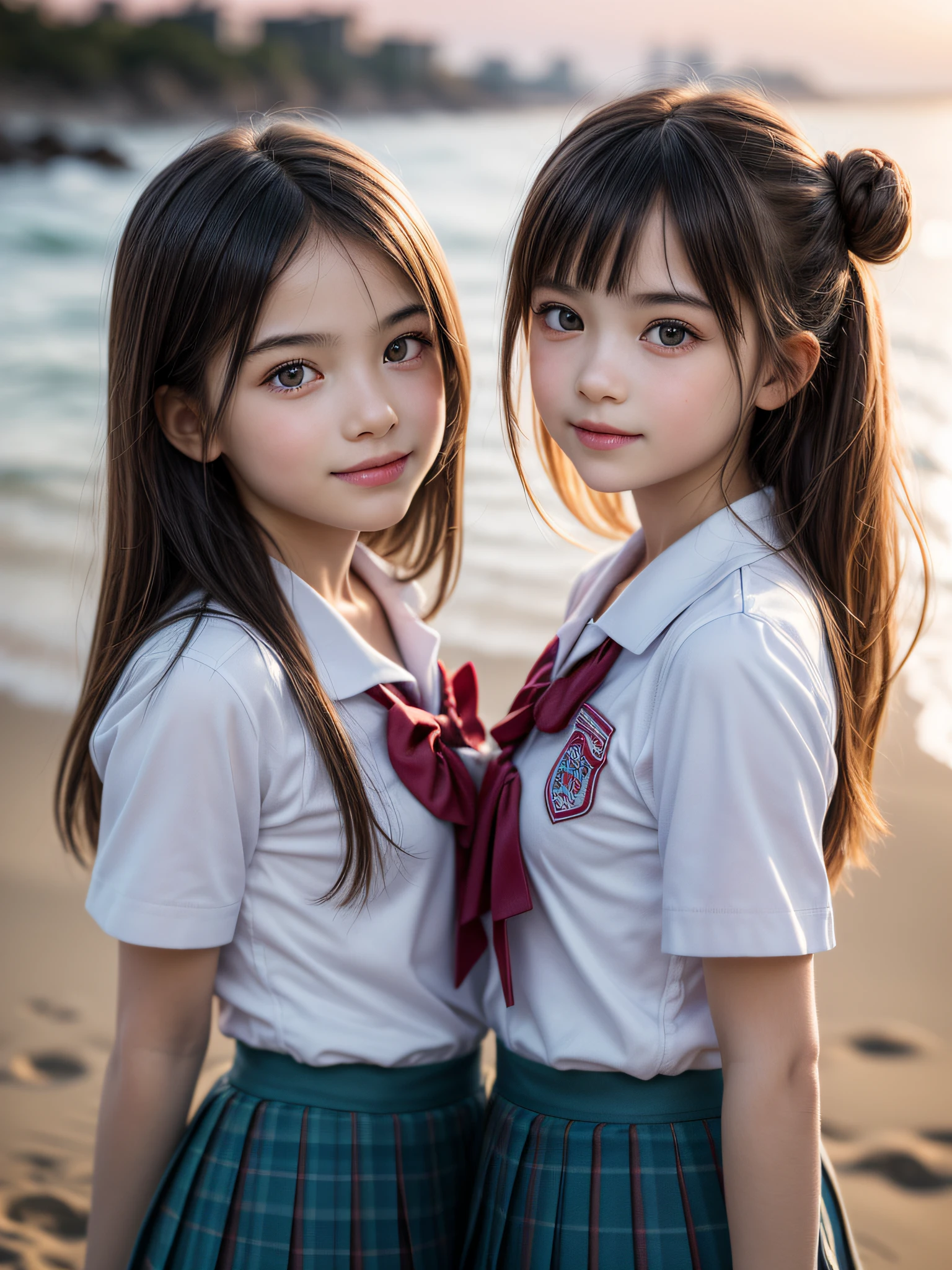 (2 young girls:1.3), (extremely detailed beautiful face), Amazing face and eyes, (Best Quality:1.4), (Ultra-detailed), (extremely detailed CG unified 8k wallpaper), Highly detailed, High-definition raw color photos, Professional Photography, Realistic portrait, Amazing face and eyes, Pink eyes, (High School Uniform, Pleated mini-skirt:1.3), double buns, Brown hair, Model, shyly smile, depth of fields, Beach, Twilight, Sunset,