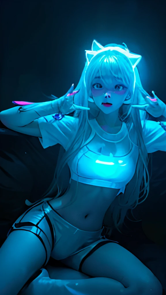 slut girl、paradise、Hotel、Black straight long hair、Glowing neon lights、Video game room、Sitting in a gaming chair、Girls playing games、glowing keyboard、glowing cat ears、(((uv light、white shirt that glows under black light)))、large full breasts、Large cleavage、Hot pants in satin fabric