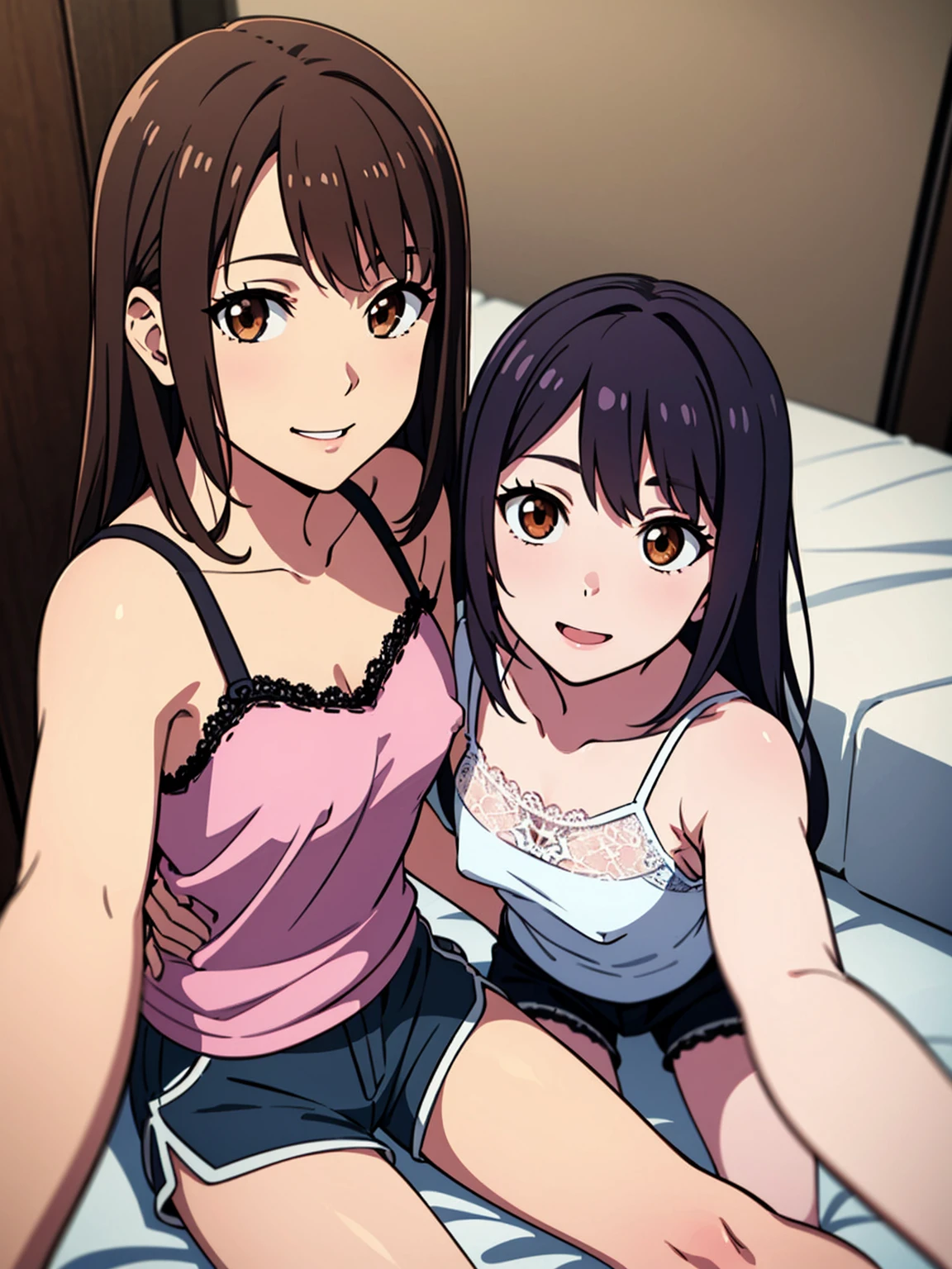 realistic, 2girls, ((selfie)), brown eyes, body close together, looking up, cleavage emphasis, cleavage enhancement, mouth wide open, smiling, face extra large zoom, sitting on bed, sexy, (bare shoulders), (covered nipples), (camisole), (lace-trimmed), (shorts), (dolphin shorts)