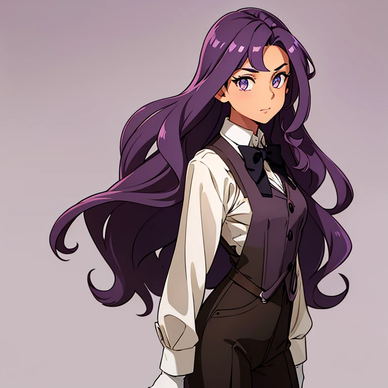 girl with tan skin and a slim physique. She has long wavy violet hair that lays to the middle of her back. She has golden amber eyes. She is wearing a lavender button down long sleeve shirt, black pants and waistcoat, black gloves, black suspenders, and a white bow tie.