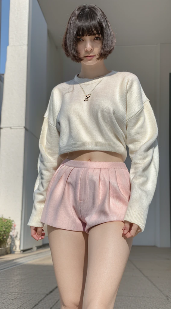 A beautiful woman standing, wearing ((white shorts, pink top)), pale skin, smooth pale skin, skin tune pink, perfect body, detailed body, happy face, black hair, super detailed, detailed, 8k