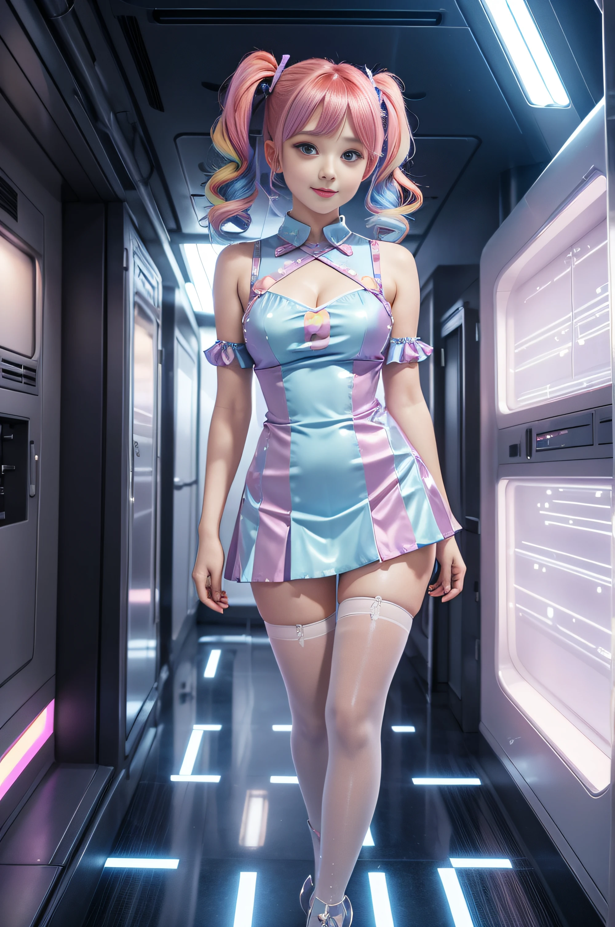 Cute redhead, gravure Idol, with rainbow colored hair tips, ribbons in her hair, 18-year-old woman, happy, in twin tails, perfect symmetrical eyes, clear sparkling blue eyes, pale skin, silky smooth skin, standing on a fancy luxurious space ship, large futuristic corridor, control panels, wood trim, decorative plants, warm lighting, wearing a futuristic party dress, pleated (chemise) mini dress (pastel rainbow colors, and polka dots), wearing full body pantyhose, cute short cut booties.