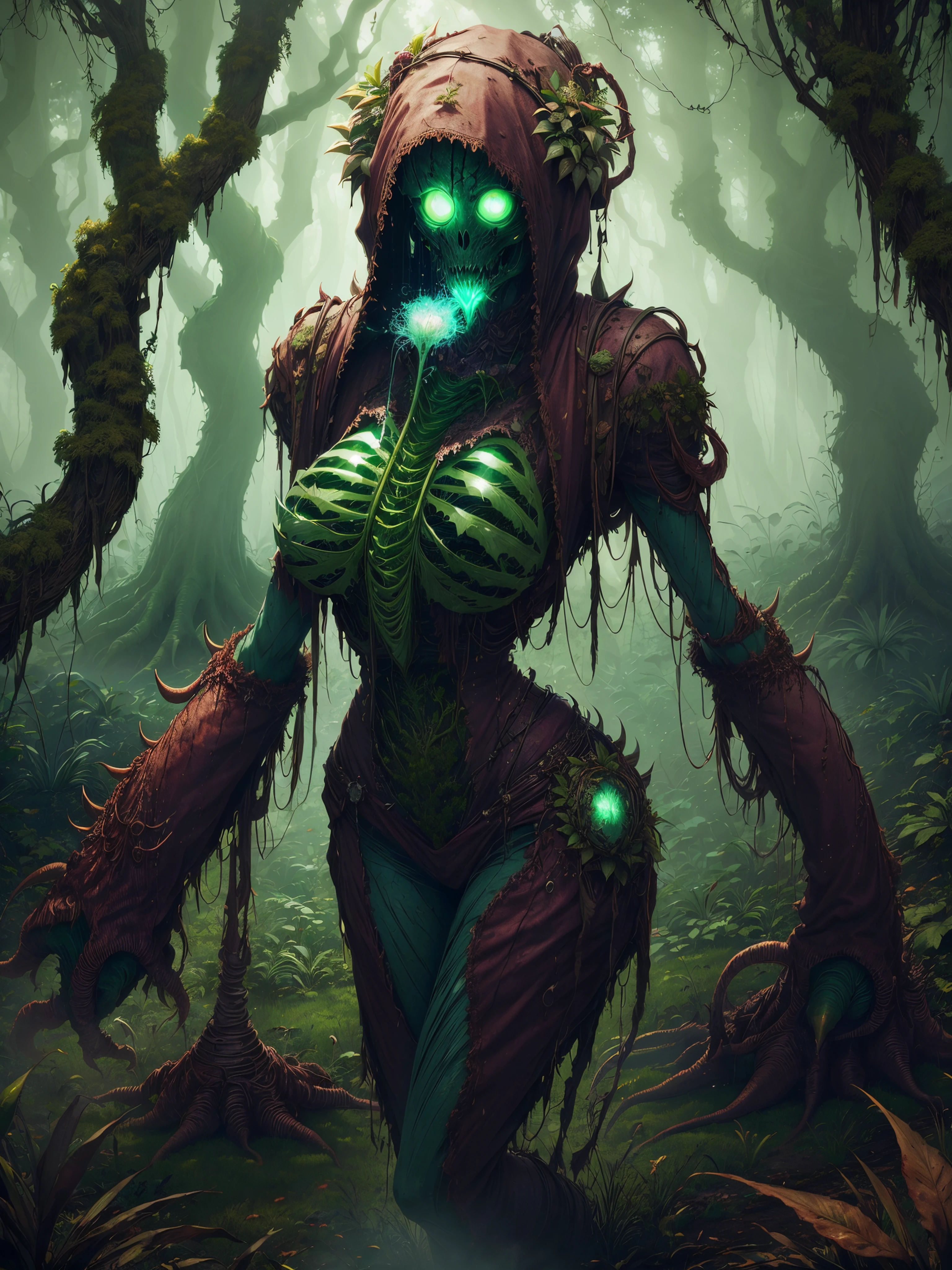 (masterpiece), super detail, best quality, ultra high res, highres, 8k, UHD, HDR, magical plant monster, undead, undead forest, dark forest, plant