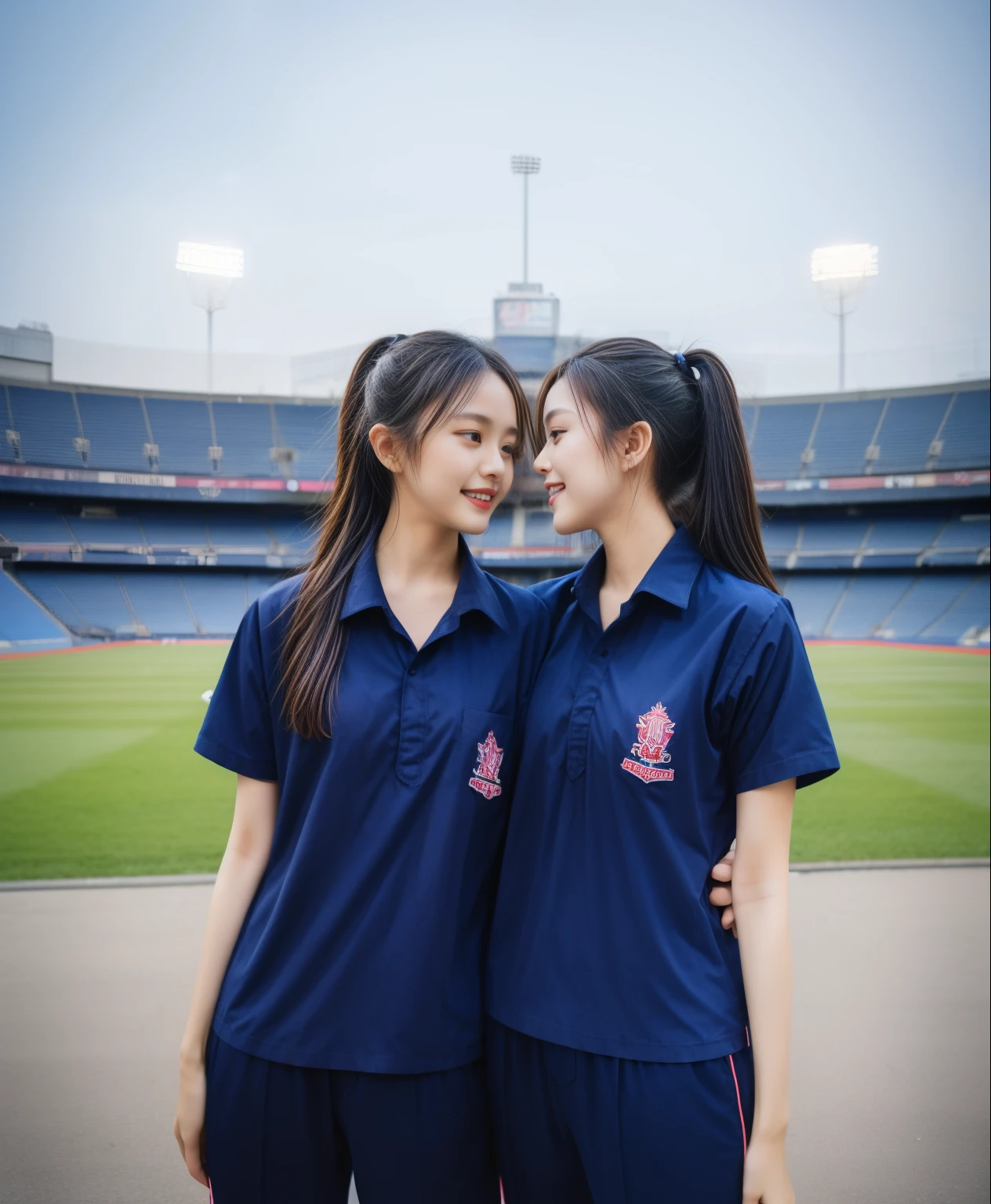 (bestquality,10,10,highres,masterpiece:1.2),ultra-detail,(Realistic,Realistic picture,photo-realistic:1.37),1 Cute girl in the football field,oily shiny skin,bara,light smile,BDclothelue shirt:1.3)),short sleeves,shirt, trousers.,(navy_long_track pants:1.1), ((Stadium Background:1.3)),dynamic angle,excited,face focus,Dynamic Poses,from behide,Ass Focus,masterpiece, bestquality, ultra realistic, hyper-detail, 8k resolution, RAW photo, crisp focus, ((Navy blue shirt:1.1)), short sleeves, long route, Complete body model, 2 mature women, 18yo, cinematic light,blue warm trousers,Gymware,Correct anatomy,Complete body, Correct body, sharp face, Correct body anatomical, full entire body, Realistic gestures, long-haired, Realistic poses,Wear long shorts..............................................,The legs are long.,Shapely,Sculpting Girl, Slender Figure, mannequin mannequins, Shapely, Beautiful body,blue warm trousers, Two girls kissing
