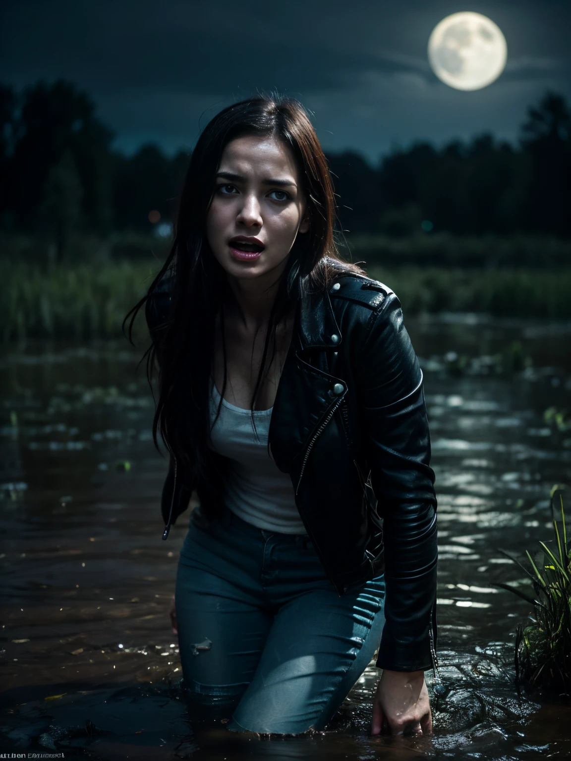 (highres), (realistic) A girl in jeans and a leather jacket is engulfed in a swamp, (fearful) trembling, awaiting punishment for breaking a taboo, (ecstasy) experiencing both fear and excitement. The scene is filled with (detailed) darkness and (ominous) ominous atmosphere. The girl's eyes are (brightly shimmering), reflecting her inner turmoil. She is (desperately struggling), fighting against the suffocating mud. The swamp is (thick and viscous), swallowing her whole, creating a (surreal) and (eerie) scene. The (soft moonlight) casts (subtle shadows) on the girl's face, emphasizing her expression of (dread) and anticipation. The overall color tone is (cool and desaturated), enhancing the feeling of despair.