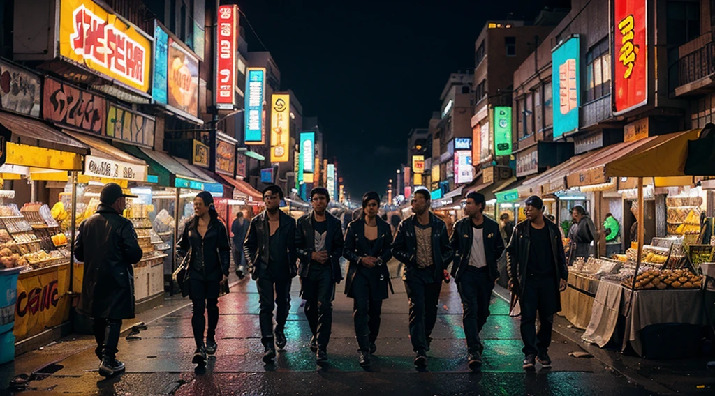 Develop a bustling cyberpunk street market with neon lights, street vendors, and diverse characters.