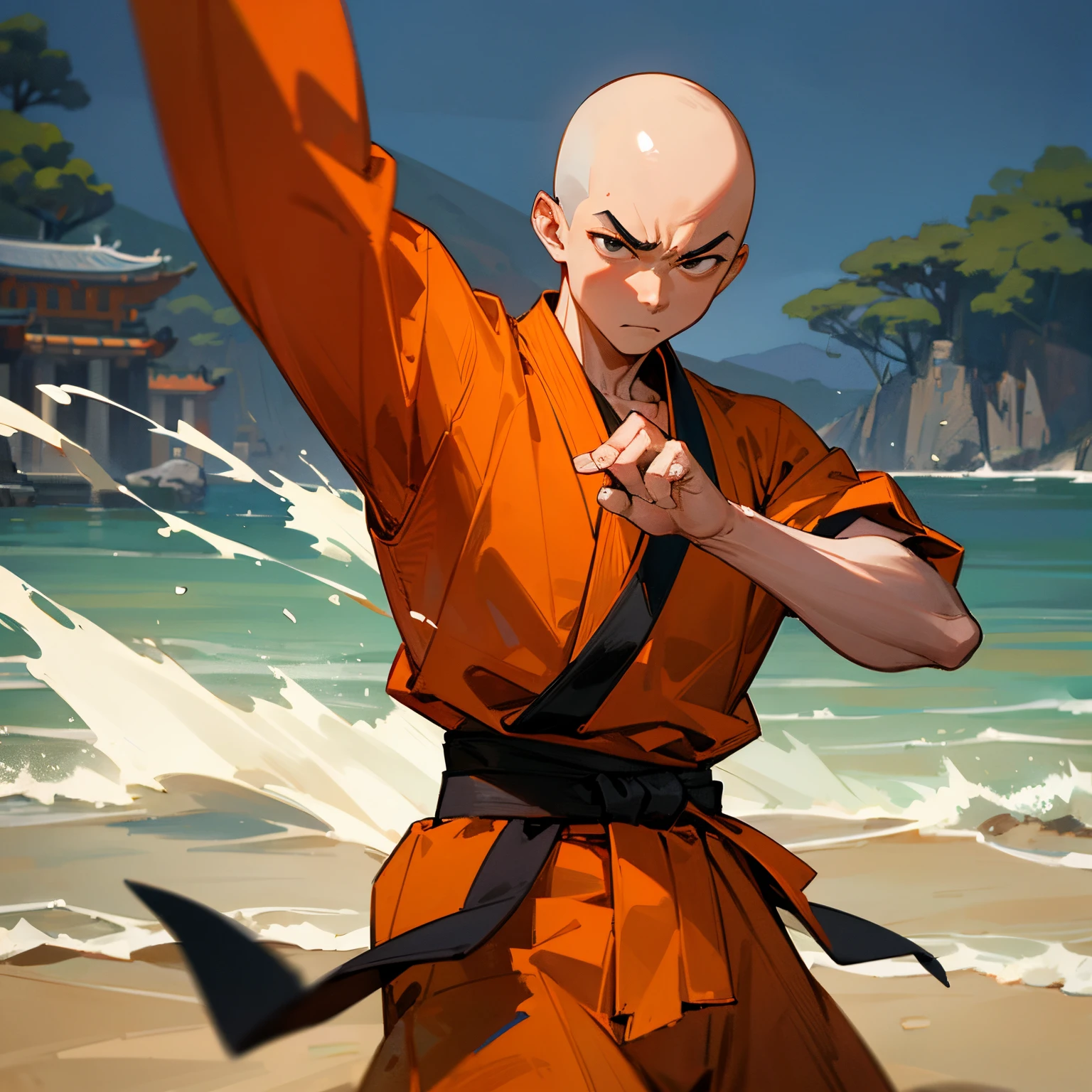 Shaolin Monk , Black and Orange martial arts gi , bald head , Temple Background , Serious expression , beach background