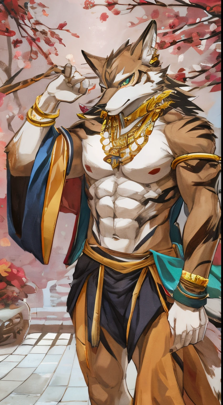 Seto (Tokyo After-School Summoners), Seto(Wandering Longing), Seth (it), Seto, Kazuma Koda, coyote, gold necklace, Gold jewelry, Ear piercing, Green Eye, Grey Body, white body, Brown Body, stripes, stripes body, High Quality, 8K, High image quality, NSFW Works, pixiv, Business card, shadowy, A composition where the whole body is visible, The right ratio, skiny, Sexy, Sexy muscles, Traditional Japanese Costumes, purple yukata