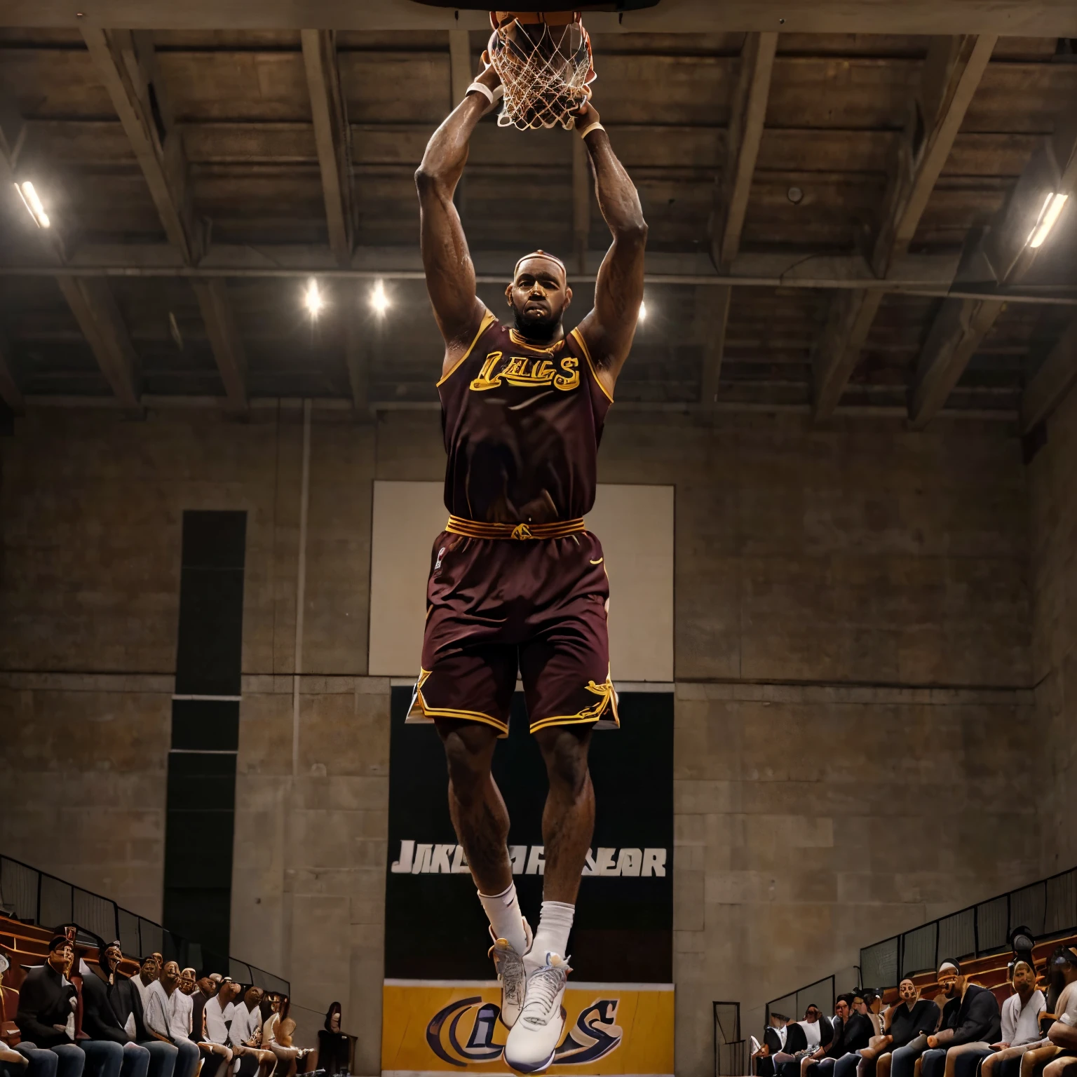 (((Masterpiece))),(((Best Quality))),(((Photorealistic full length image of LeBron James dunking a basketball)))(((The portrait should look realistically to an actual NBA Game))), the basketball court is ultra realistic and detailed,