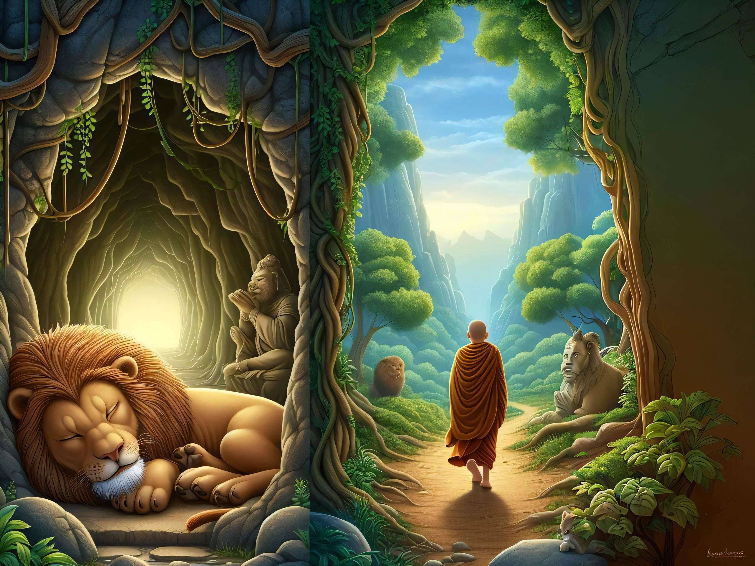 a painting of a lion sleeping in a cave with a monk walking by, inspired by Kerembeyit, by Kerembeyit, inspired by Christophe Vacher, on path to enlightenment, relaxing concept art, amazing depth, on the path to enlightenment, buddhism, inspired by Yerkaland, a beautiful artwork illustration, monk meditate, lisa parker, stoic and calm