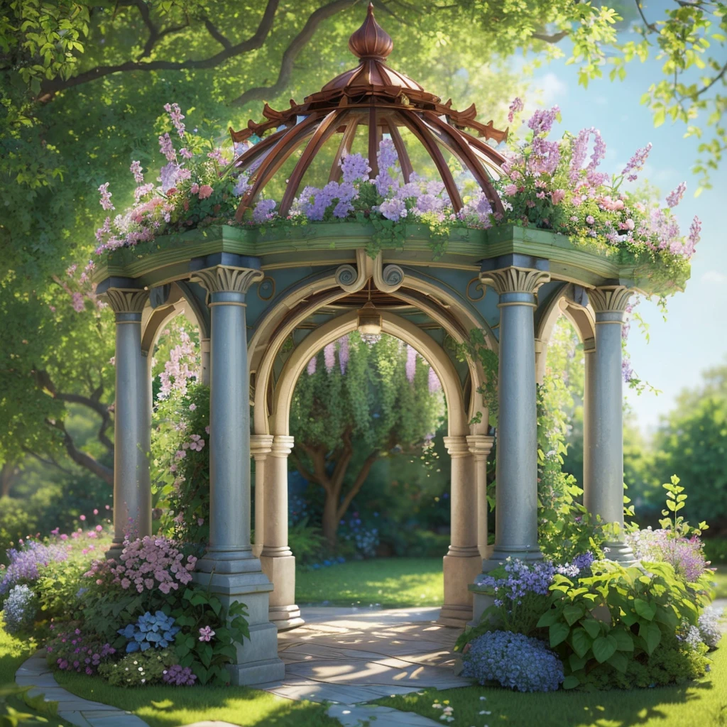 There is a gazebo,full of flowers and vines, royal garden background, beautiful render of a fairytale, , beautiful high resolution, Garden background, dreamy and detailed, Detailed landscapes, background artwork, high detal), well rendered, floral environment, pillars, Beautiful images, realistic garden, gazebo, arbor