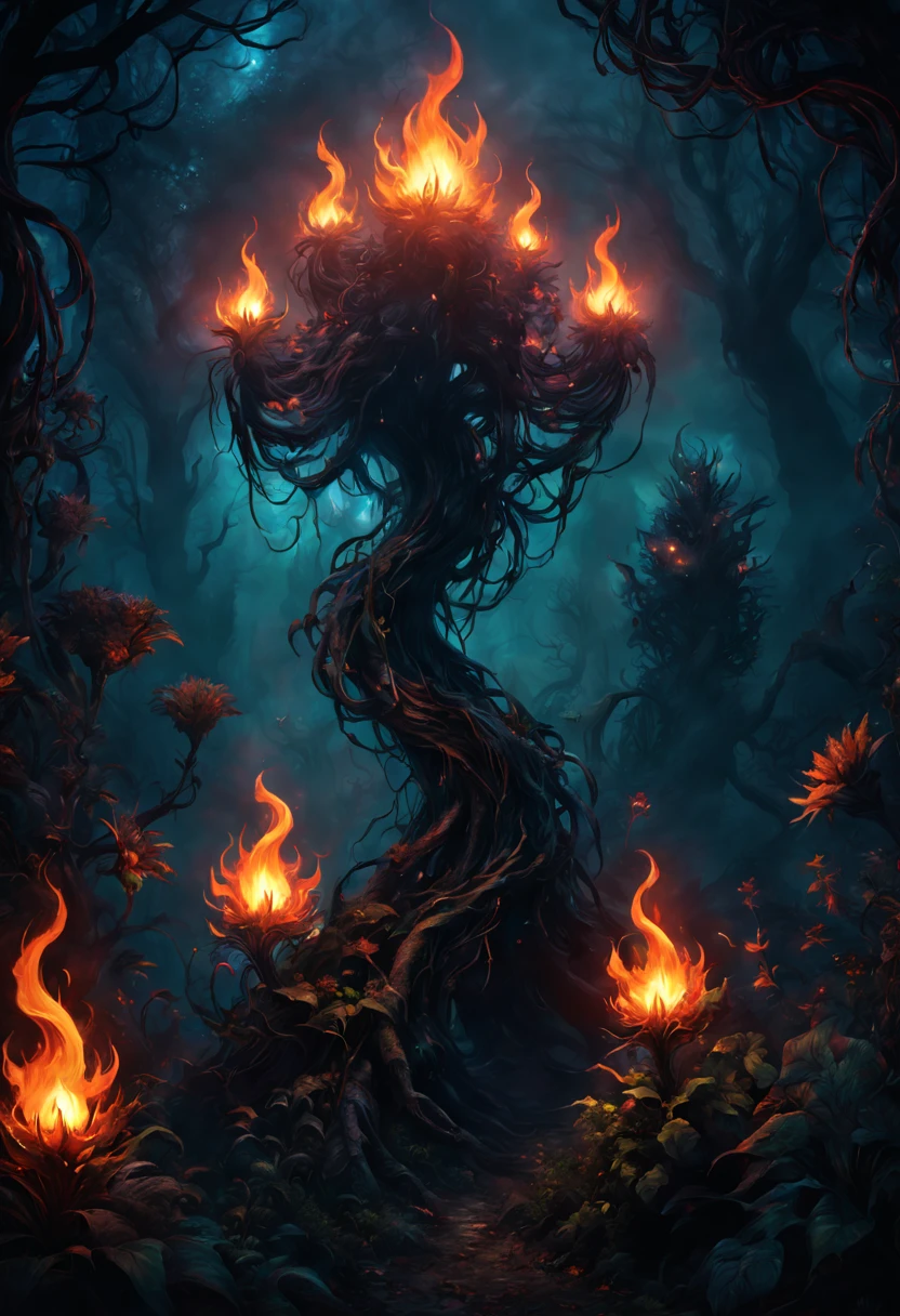 best quality,highres,masterpiece:1.2,ultra-detailed,realistic:1.37,horror,flaming magic,otherworldly plants,burning flames,luminous foliage,enchanted garden,mystical atmosphere,sinister shadows,haunting beauty,eerie glow,intense colors,dark aura,unearthly vines,fiery tendrils,dancing embers,alien landscape,ethereal flowers,magical energy,surreal scenery,shadowy figures,mysterious creatures,spellbinding illumination,unnatural growth,ominous presence,smoky haze,flickering light,spectral glow,intense heat,whispering flames,supernatural powers,glowing orbs,mystic spell,eerie ambiance,otherworldly beauty,spectral plants,transcendent vision