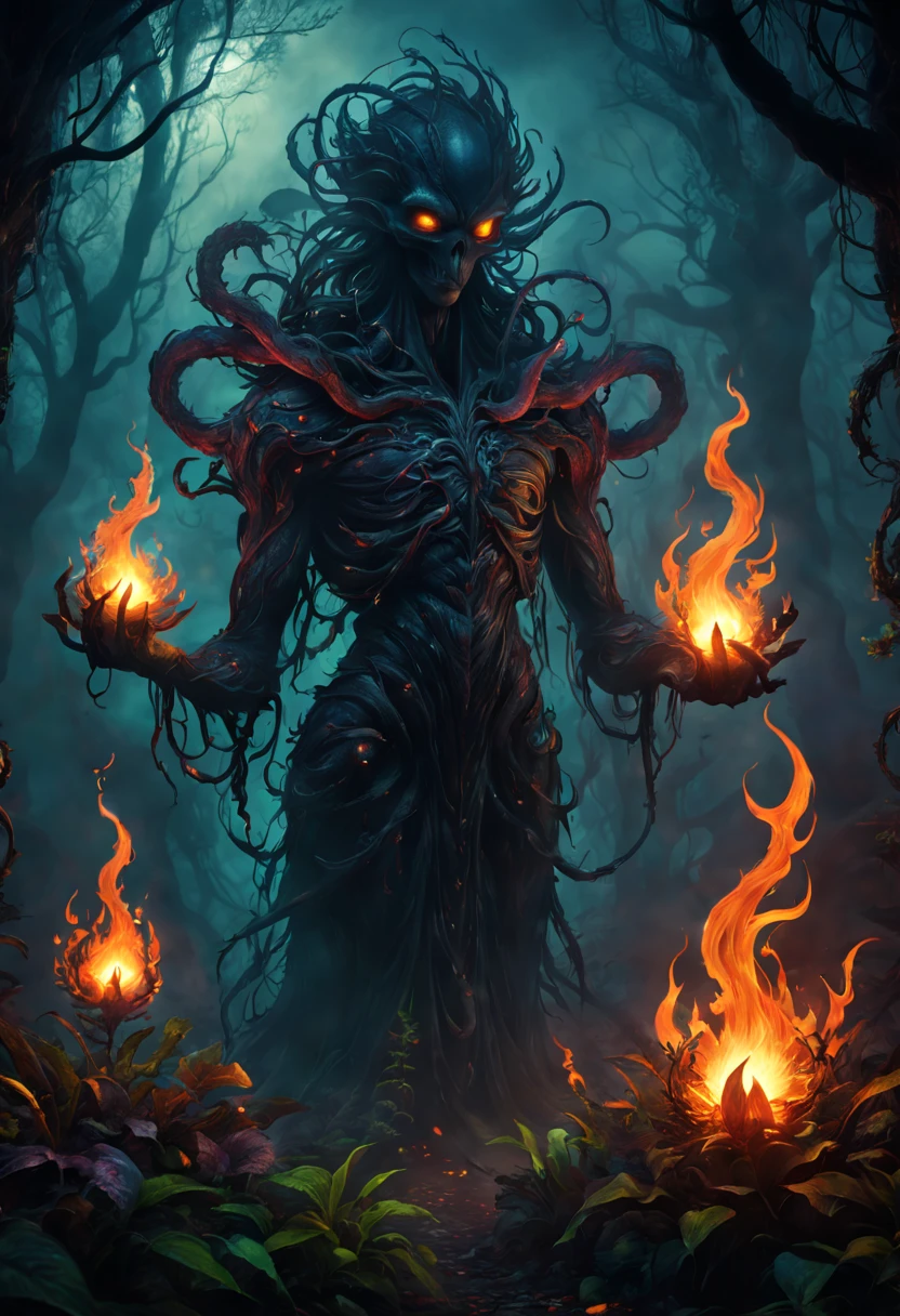 best quality,highres,masterpiece:1.2,ultra-detailed,realistic:1.37,horror,flaming magic,otherworldly plants,burning flames,luminous foliage,enchanted garden,mystical atmosphere,sinister shadows,haunting beauty,eerie glow,intense colors,dark aura,unearthly vines,fiery tendrils,dancing embers,alien landscape,ethereal flowers,magical energy,surreal scenery,shadowy figures,mysterious creatures,spellbinding illumination,unnatural growth,ominous presence,smoky haze,flickering light,spectral glow,intense heat,whispering flames,supernatural powers,glowing orbs,mystic spell,eerie ambiance,otherworldly beauty,spectral plants,transcendent vision