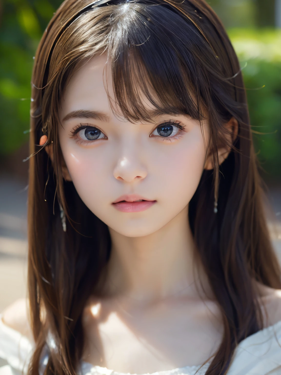 Image from chest up:1.6)、Close-up portrait of a girl wearing only a white off-shoulder top dress and earrings, soft portrait shot 8 k, lovely delicate face, high-quality 4k portrait, high quality portrait, soft flawless pale skin, 8K highly detailed face, なBeautiful fece繊細な顔, Beautiful fece光の大きな目, beautiful and realistic faces, Beautiful fece１８Year old girl, beautiful and realistic faces, cute little１８Year old girl