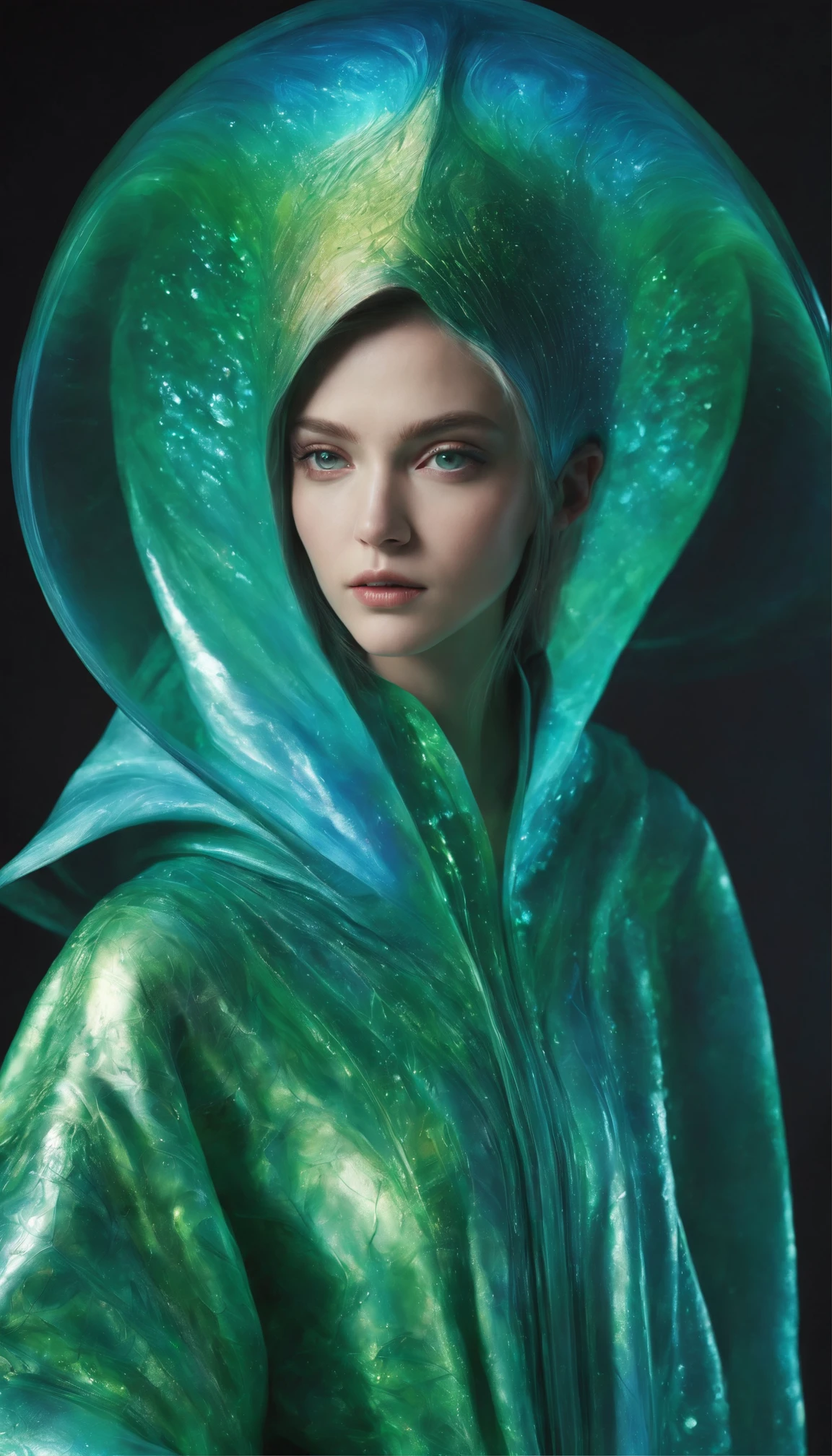 In a mesmerizing display of extraterrestrial fashion, a luminous being adorned in iridescent robes commands attention. The subject of this oil painting is a captivating alien figure, its ethereal presence captured on canvas. Brilliant hues of electric blues and shimmering greens dance across the garment, radiating otherworldly elegance. The intricate details of the outfit showcase a masterful brushstroke technique, revealing the artist's meticulous craftsmanship. Through the subtle interplay of light and shadow, the image comes alive, inviting viewers to marvel at the artist's skill and the beauty of this alien-inspired fashion