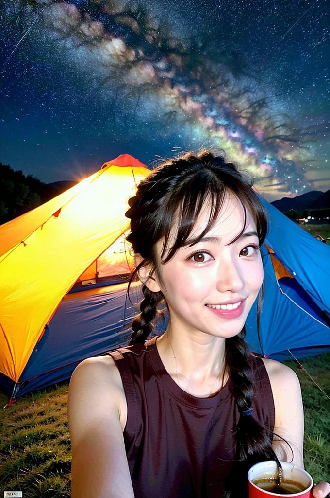(8K、top-quality、masterpiece:1.2)、(reallistic、フォトreallistic:1.2)(ultra-detailliert、hight resolution)Kiss Face,sad Facial expression,embarassed expression,Alafed Girl, chiho, iwakura lain, クローズアップiwakura lain, With short hair, Shiori Teshirogi, Kotegawa Yui, hime-cut, She is , sui ishida with black hair, lain iwakura, girl cute-fine-face, Clear pubic contours,(Small breasts), ((Semi-long chignon hair))、dark brown hair、((Cold mountaineering wear))、((Mountain Girl))、((Tent area at night,A colorful tent in the back))、16k image、((night sky full of stars))A very cute Japan detached face、A slender、middlebreasts、Eyes and nose stand out clearly、Gentle eyes、((Hot々Gaze at the starry sky while drinking a Hot drink))、((A refreshing smile))