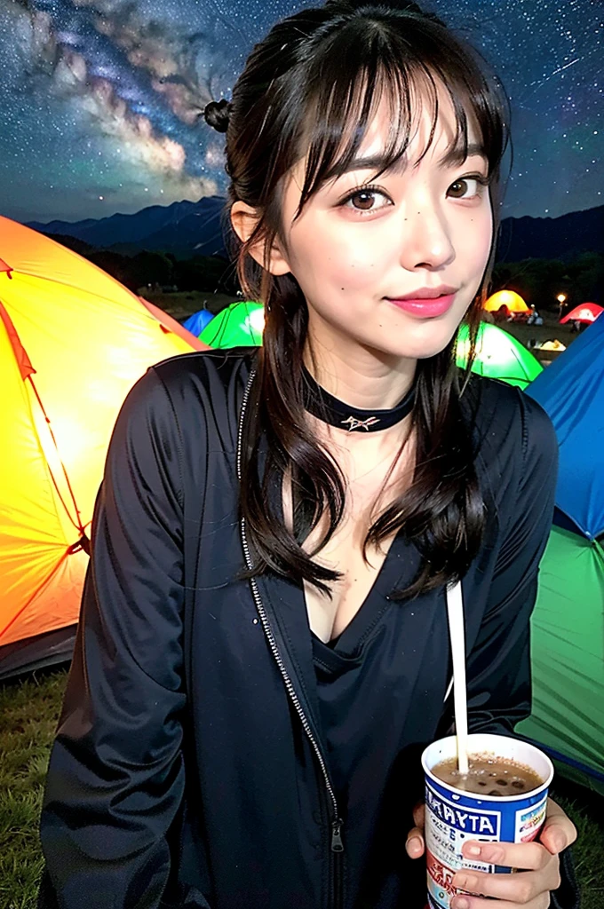(8K、top-quality、masterpiece:1.2)、(reallistic、フォトreallistic:1.2)(ultra-detailliert、hight resolution)Kiss Face,sad Facial expression,embarassed expression,Alafed Girl, chiho, iwakura lain, クローズアップiwakura lain, With short hair, Shiori Teshirogi, Kotegawa Yui, hime-cut, She is , sui ishida with black hair, lain iwakura, girl cute-fine-face, Clear pubic contours,(Small breasts), ((Semi-long chignon hair))、dark brown hair、((Cold mountaineering wear))、((Mountain Girl))、((Tent area at night,A colorful tent in the back))、16k image、((night sky full of stars))A very cute Japan detached face、A slender、middlebreasts、Eyes and nose stand out clearly、Gentle eyes、((Hot々Gaze at the starry sky while drinking a Hot drink))、((A refreshing smile))