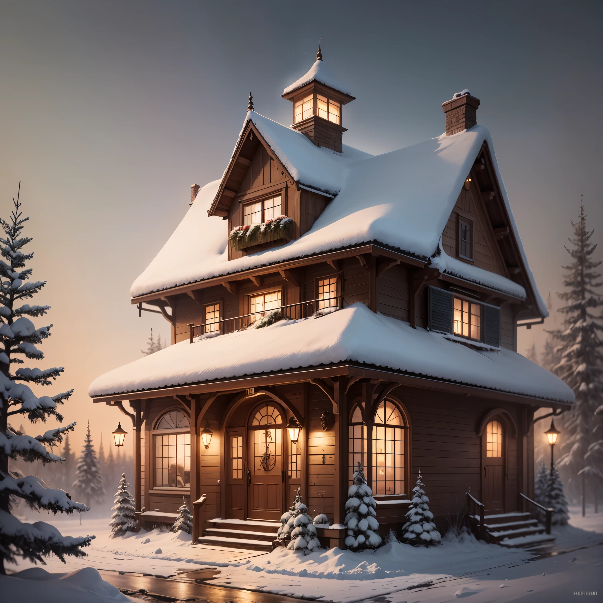 a Christmas house created with candy, pine trees decoration, lights,on a snowy background, graphical, illustration, creative,3 render, fantasy --auto --s2