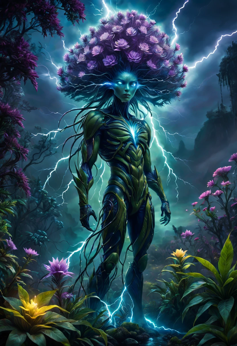 (best quality,4k,8k,highres,masterpiece:1.2),ultra-detailed,(realistic,photorealistic,photo-realistic:1.37),enchanted lightning magic alien plants,glowing mystical flora,extravaganza of luminous botanical wonders,alien creatures breathing lightning,extraterrestrial flowers emitting sparks,unique and vibrant hybrids,mesmerizing blend of bioluminescence and electricity,fantastical vegetation with electrifying aura,unearthly plant life pulsating with energy,otherworldly shrubs and bushes crackling with lightning,ethereal foliage intertwined with bolts of electricity,celestial flora radiating magical sparks,enchanted garden filled with electrified flowers,eerie and vibrant extraterrestrial garden. Medium: digital art, Additional details: swirling cosmic energy in the background, ethereal mist surrounding the plants, intricate patterns formed by the lightning, vibrant colors blending harmoniously, surreal and dreamlike atmosphere, supernatural glow illuminating the scene, supernatural beings observing the magical spectacle. Artistic style: fantasy, surrealism, Color palette: vibrant hues of blue, purple, and green, with hints of electrifying yellow and white, Lighting: soft and diffuse, with the lightning illuminating the scene in a mesmerizing glow.