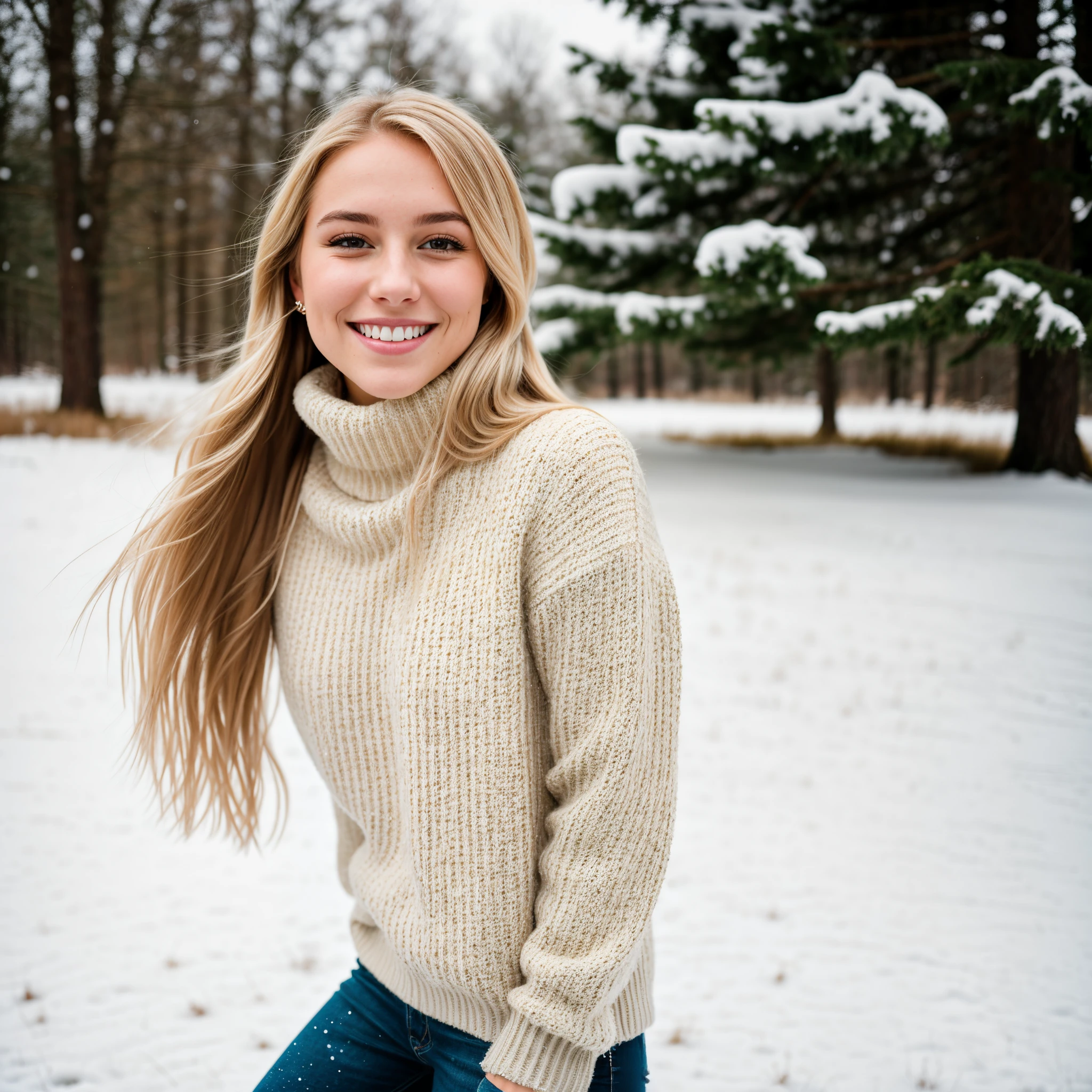 portrait photo of a beautiful smiling young woman (very detailed skin: 1.2) in January in nature, in a snowy field with a snowy tree in the background, blurred background, Bokeh, long blond hair, wearing a turtleneck sweater, film grain, 35 mm, cute style, 8k, Raw photo,