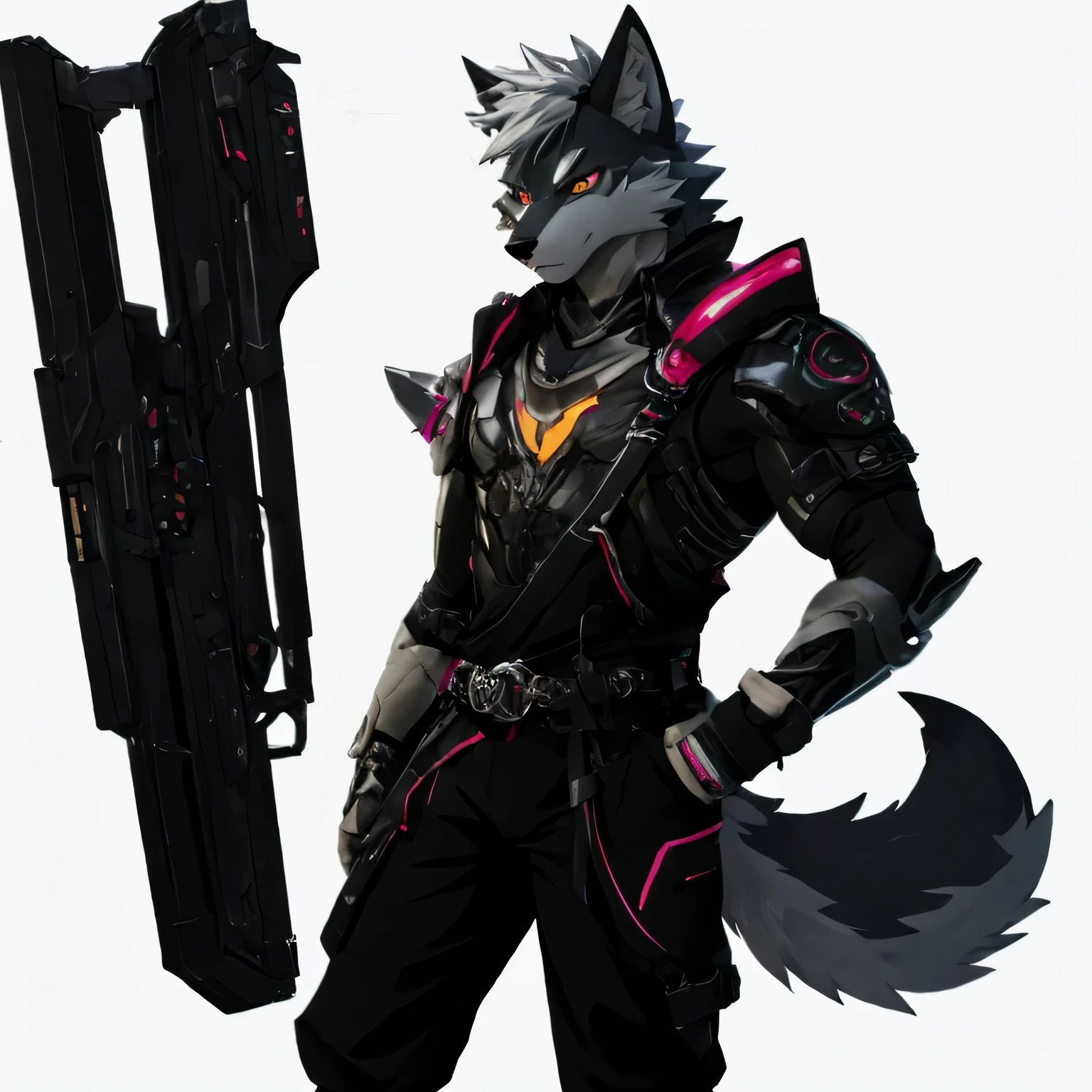 perssonage cyber punk,Epcot,Tech style,pessoa solo,corpo branco,orelhas brancas,cabelos brancos,Branco geral,Olhos amarelo-alaranjados,Cauda de lobo,Orcs lobo,jovem,Use uma camisa de manga curta,Tela ultraclara,linhas suaves