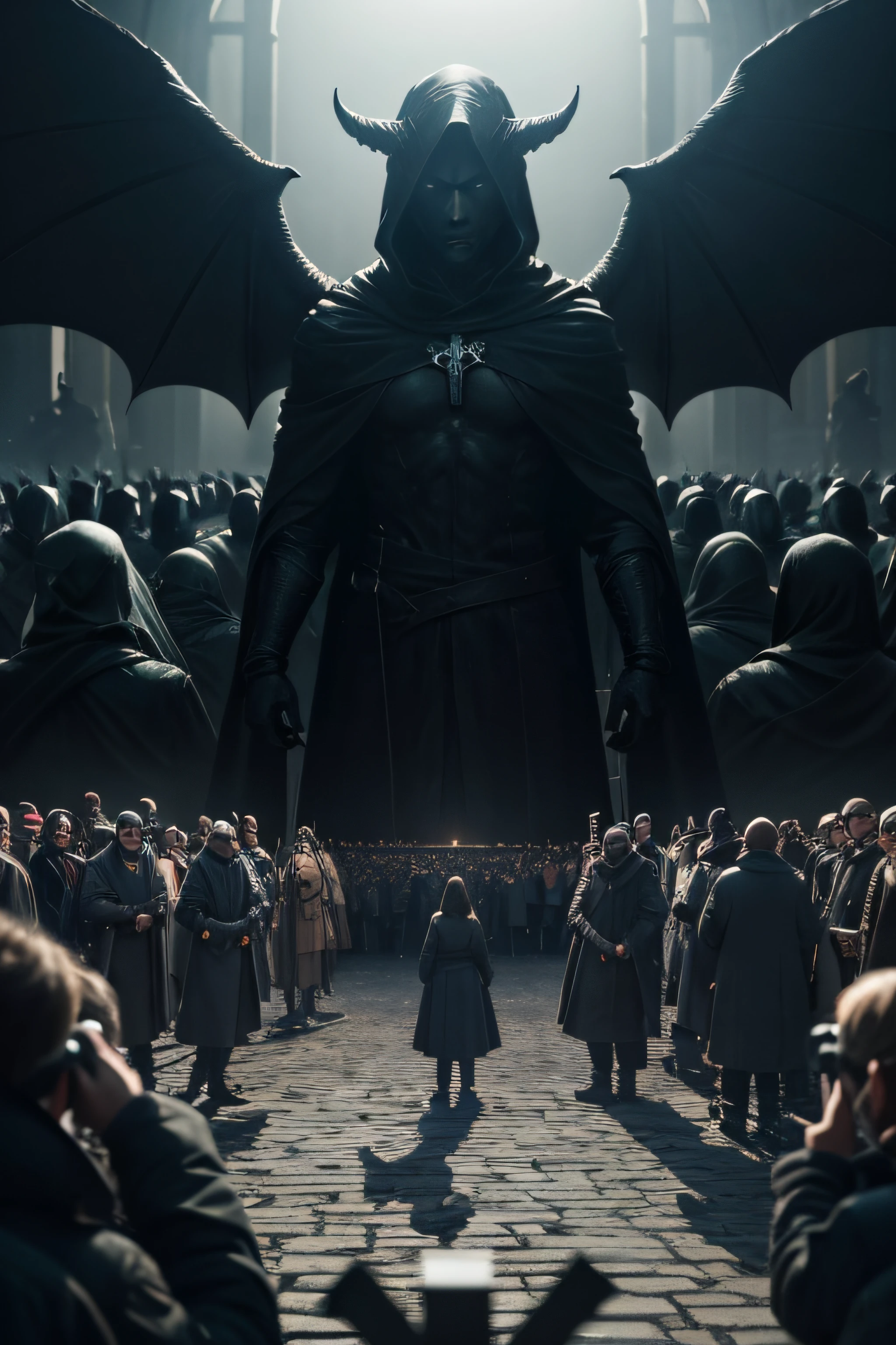 In a powerful cinematic scene, a crowd of people bearing crosses is juxtaposed against a mirror reflecting menacing demons. This stark contrast highlights the eternal struggle between good and evil. Camera Settings: The scene is captured with a balanced aperture of f/4.0, ensuring sharp focus across both the human figures and their demonic counterparts. An ISO of 250 provides clarity under varying light, while a shutter speed of 1/250 seconds crisply captures every detail. This high-definition image, ideal for a thought-provoking film or YouTube thumbnail, invites viewers to ponder the profound symbolism it portrays. --ar 16:9 --v 5.2