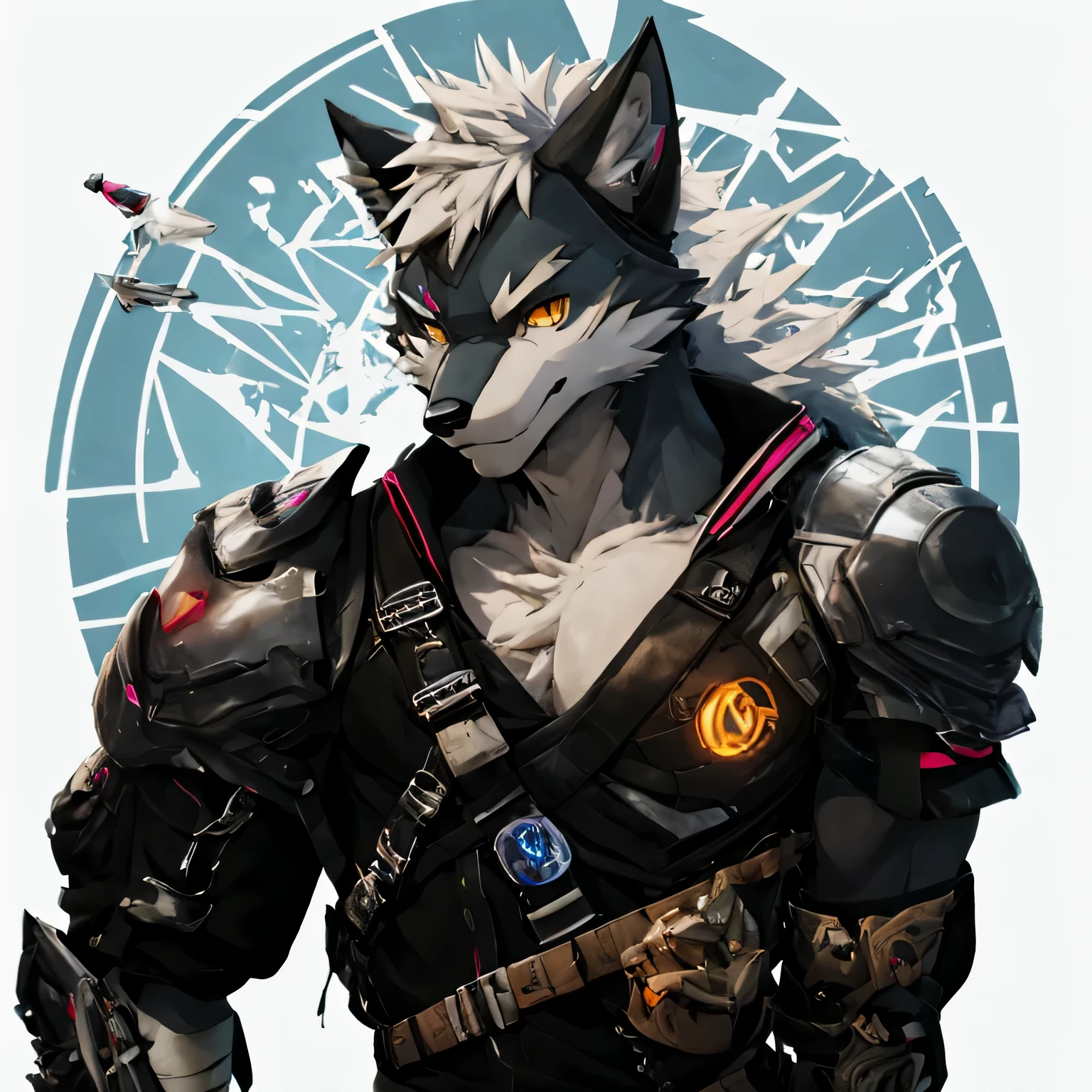 perssonage cyber punk,Epcot,Tech style,pessoa solo,corpo branco,orelhas brancas,cabelos brancos,Branco geral,Olhos amarelo-alaranjados,Cauda de lobo,Orcs lobo,jovem,Use uma camisa de manga curta,Tela ultraclara,linhas suaves