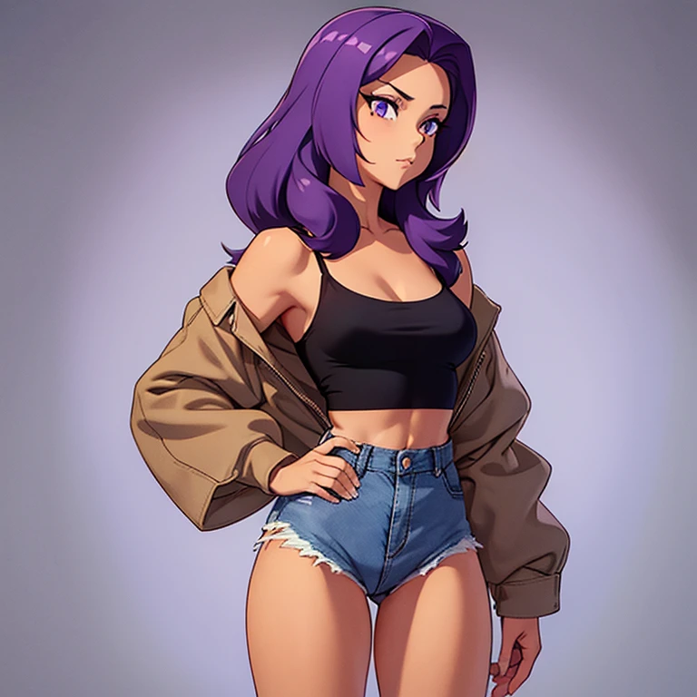 girl with tan skin and a slim physique. She has violet hair that lays to the middle of her back. She has amber eyes. She is wearing a black camisole, tucked into a pair of Jean shorts. Over the camisole is a loose-fit lavender long sleeve shirt. The sleeves are rolled up to her elbows.