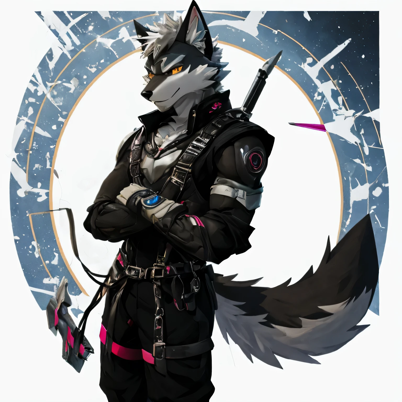 perssonage cyber punk,Epcot,Tech style,pessoa solo,corpo branco,orelhas brancas,cabelos brancos,Branco geral,Olhos amarelo-alaranjados,Cauda de lobo,Orcs lobo,jovem,Use uma camisa de manga curta,Tela ultraclara,linhas suaves