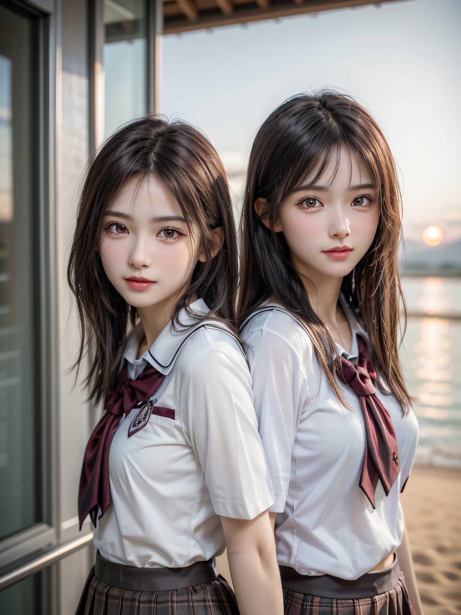 (2girls:1.3), (extremely detailed beautiful face), Amazing face and eyes, (Best Quality:1.4), (Ultra-detailed), (extremely detailed CG unified 8k wallpaper), Highly detailed, High-definition raw color photos, Professional Photography, Realistic portrait, Amazing face and eyes, Pink eyes, (High School Uniform, Pleated skirt:1.3), Brown hair, Model, shyly smile, depth of fields, Beach, Twilight, Sunset,