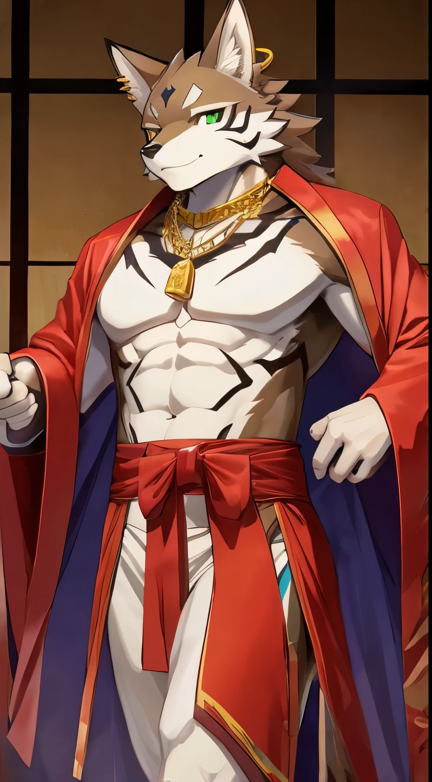 Seto (Tokyo After-School Summoners), Seto(Wandering Longing), Seth (it), Seto, Kazuma Koda, coyote, gold necklace, Gold jewelry, Ear piercing, Green Eye, Grey Body, white body, Brown Body, stripes, stripes body, High Quality, 8K, High image quality, NSFW Works, pixiv, shadowy, A composition where the whole body is visible, The right ratio, skiny, Sexy, Sexy muscles, Traditional Japanese Costumes, Wear a gorgeous purple kimono, The wind blows