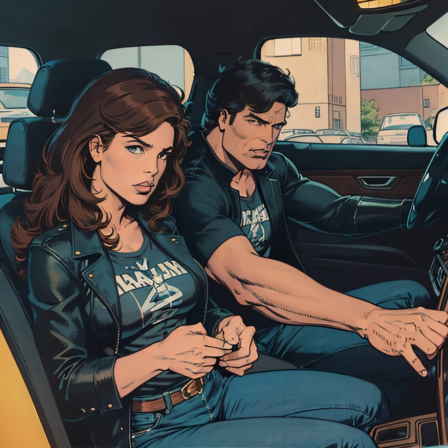 mujer, brown-hair, Brown leather jacket, black t-shirt, blue jeans, driving a car similar knight rider car (inside)