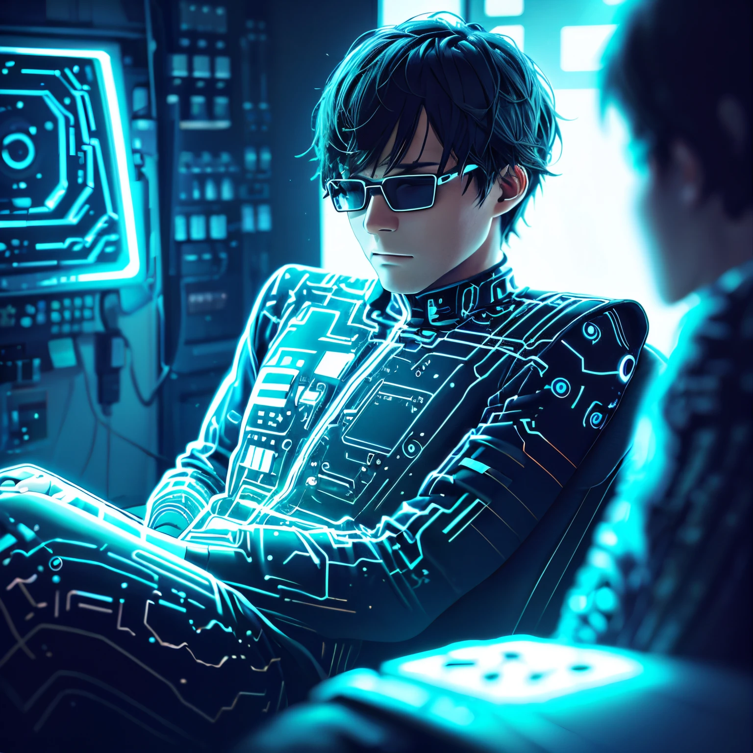 homem em uma sala, It is connected to several plugs for artificial power while wearing a state-of-the-art 3D glasses, He's dreaming of an unreal world