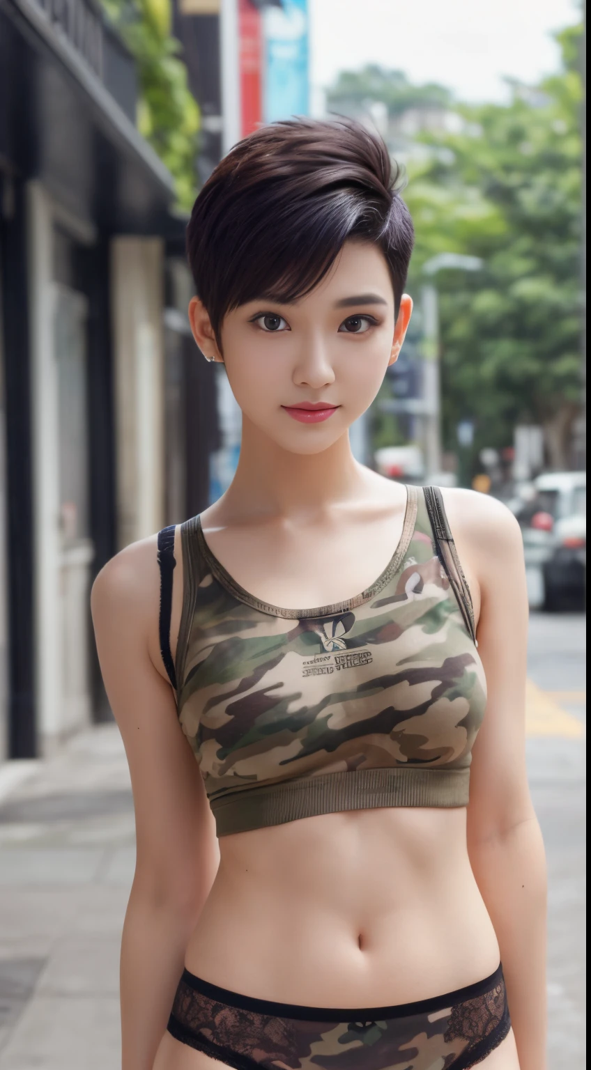 8K, masutepiece, Raw photo, Best Quality, Photorealistic, Highly detailed CG Unity 8k wallpaper, depth of fields, Professional Lighting, Ray tracing, (Extremely beautiful face, Beautiful lips, Beautiful eyes), intricate detail face, ((Ultra detailed skin)) 1girl in, deepshadow, Cute little girl s, ((Looking at Viewer)), (seducting smile), (Blurry background), (small tits), Clear eyes, black backgrounds, Front shot, (pale skin), Face forward, (Camel toe), (Camouflage T-shirt), (High Top Fade Hair:1.5), ((I can see panties:1.3)),