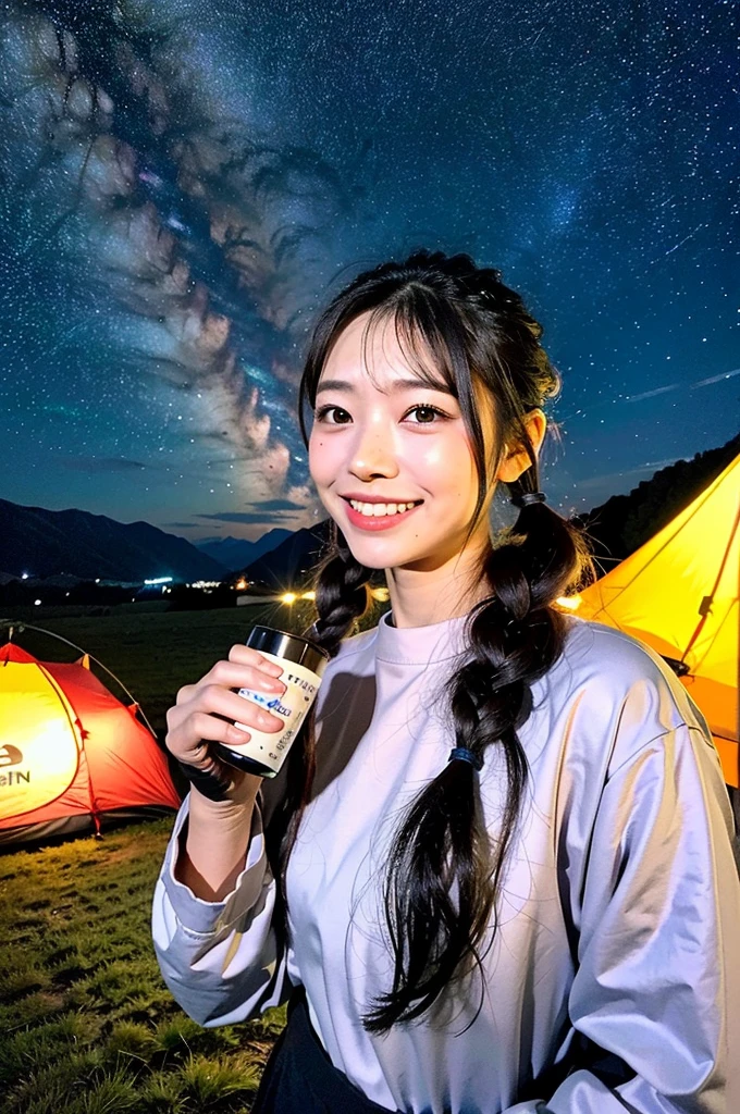 (8K、top-quality、​masterpiece:1.2)、(reallistic、フォトreallistic:1.2)（ultra-detailliert、hight resolution）Alafed Girl, chiho, iwakura lain, クローズアップiwakura lain, With short hair, Shiori Teshirogi, Kotegawa Yui, hime-cut, She is 17 years old, sui ishida with black hair, lain iwakura, girl cute-fine-face, Clear pubic contours,(Small breasts), ((Semi-long chignon hair))、dark brown hair、((Cold mountaineering wear))、((Mountain Girl))、((Tent area at night,A colorful tent in the back))、16k image、((night sky full of stars))A very cute Japan detached face、A slender、middlebreasts、Eyes and nose stand out clearly、Gentle eyes、((Hot々Gaze at the starry sky while drinking a Hot drink))、((A refreshing smile))