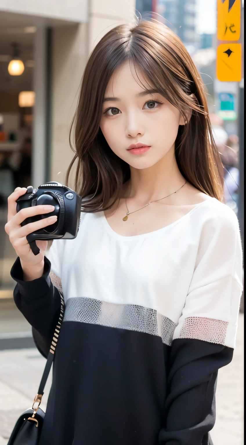 A girl holding a camera,mix4,(8k,RAW photoest qualtiy,tmasterpiece:1.2),(realisticlying,realisticlying:1.37),1girll,adolable,view over city,the night,Sateen,dampness,profesional lighting,photon maping,Radio City,physically-based renderingt,gradient brunette hair,short and wavy hair,handsome,s girl,White ball set,superb picture quality,A high resolution,1080p,(Clear face),(detailed face description),(Detailed hand description),(tmasterpiece),(exquisite CG), Extreme light and shadow,messy hair,tmasterpiece,rich details,(exquisite facial features),(Highest image quality),(tmasterpiece),(Detailed eyes),Looking forward to your eyes,Delicate collarbones,The abdomen is blocked by clothes,