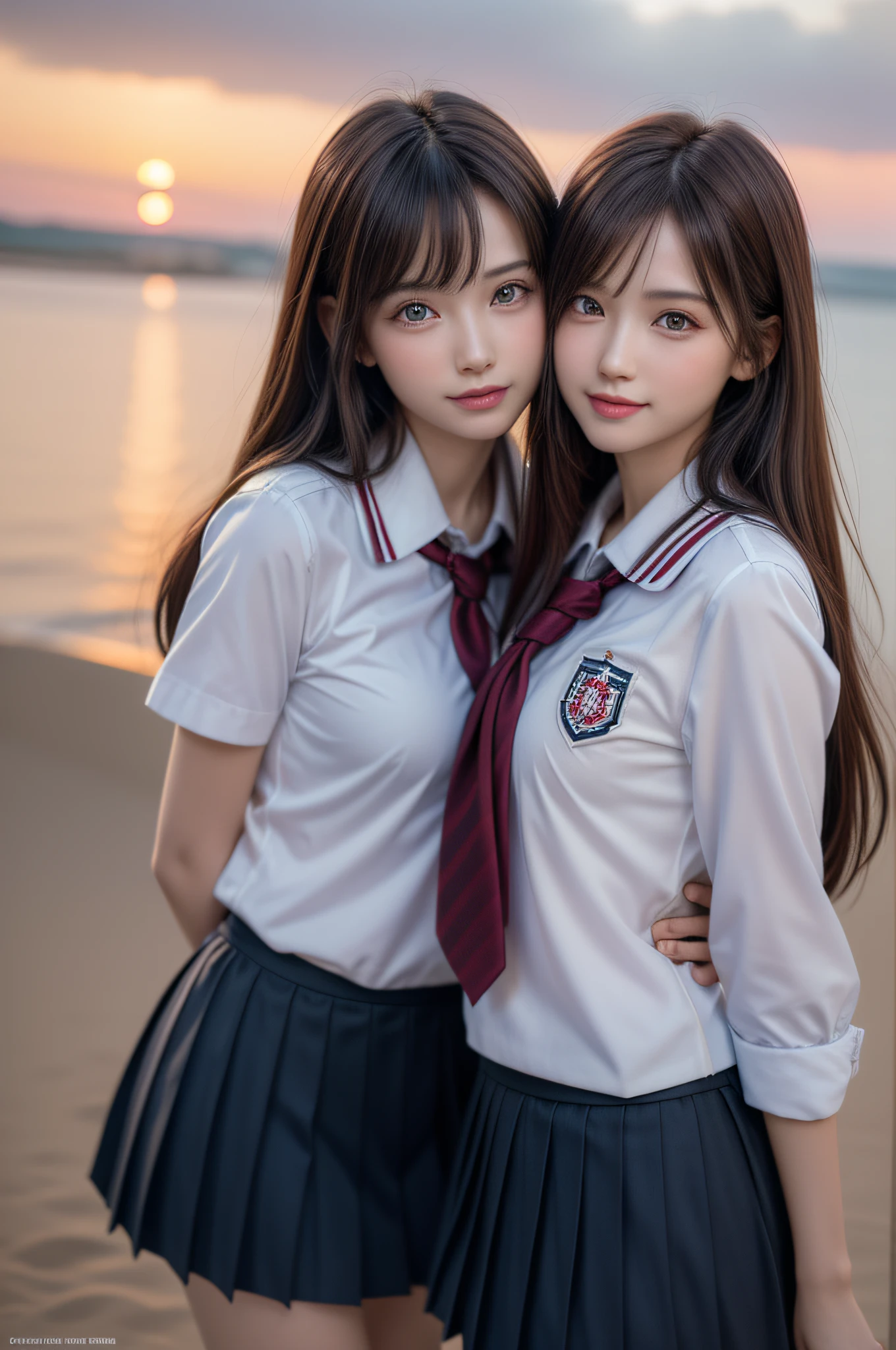 (2girls:1.3), (extremely detailed beautiful face), Amazing face and eyes, (Best Quality:1.4), (Ultra-detailed), (extremely detailed CG unified 8k wallpaper), Highly detailed, High-definition raw color photos, Professional Photography, Realistic portrait, Amazing face and eyes, Pink eyes, (High School Uniform, Pleated skirt:1.3), Brown hair, Model, shyly smile, depth of fields, Beach, Twilight, Sunset,