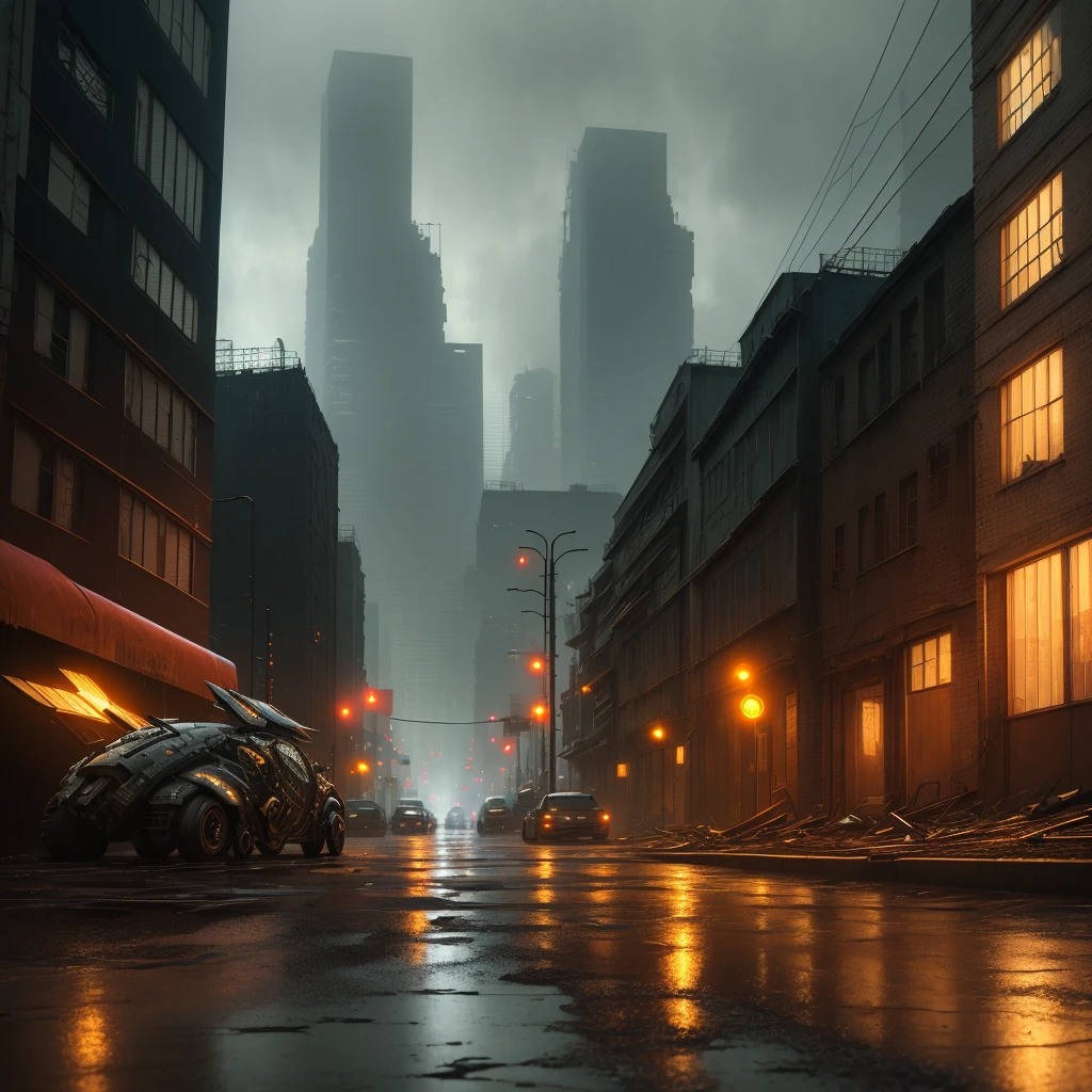 ((Best Quality)), ((Masterpiece)), (Detail: 1.4), Intricate details, Cinematic lighting, Sharp focus, Industrial zone, Ruined buildings, Cyberpunk city in the background, Night, Rain, Wet, Reflections,