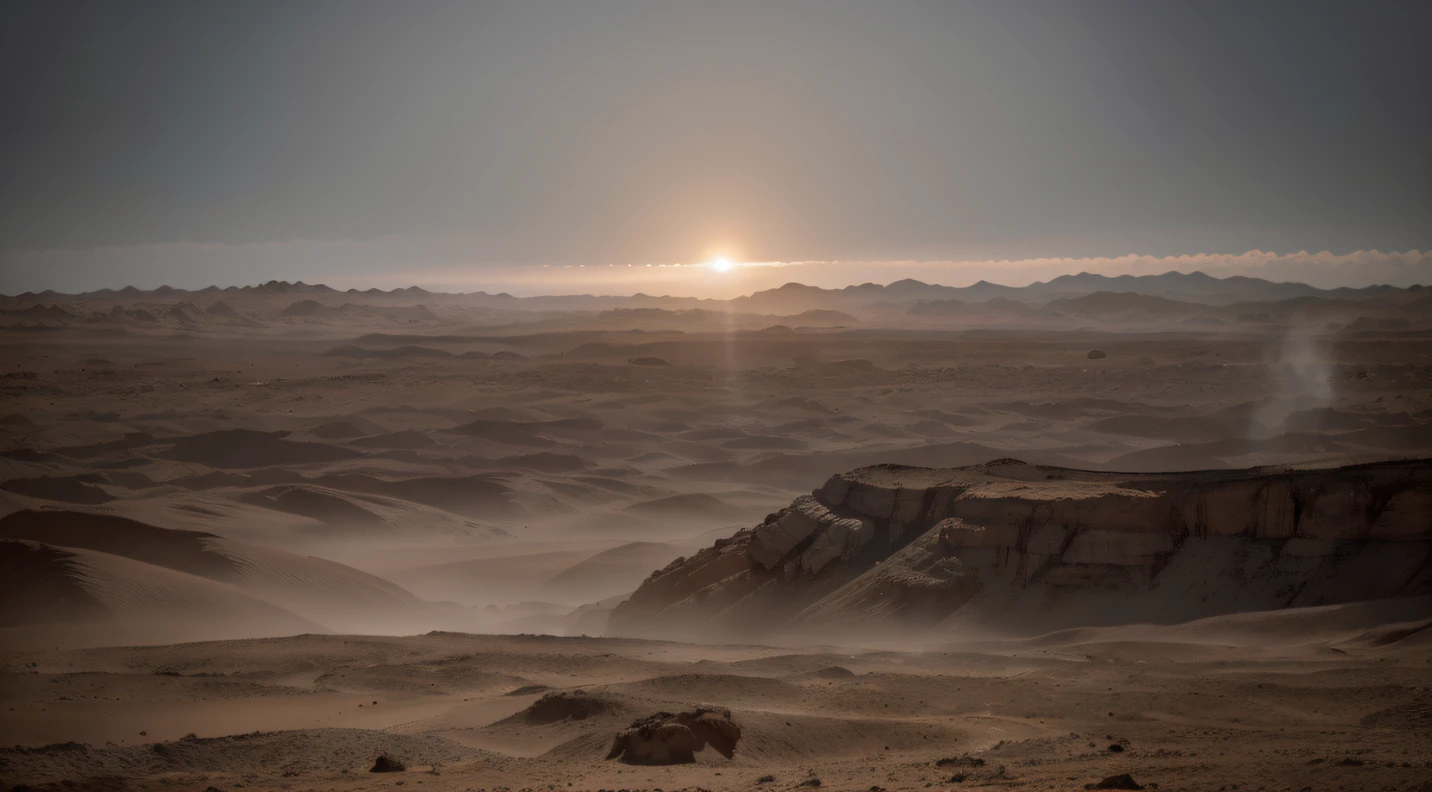 Renderizado 3D profesional con octaje, obra maestra mundial, Super exclusive professional digital art, film still, Super realistic color film photography with hyper-fine detail and quality, foto (((longitud completa: 1.5))), arid planet, desert, caluroso estilo Peter-Paul Rubens, hiperdetallados, halo en la parte superior (Dramatic Sunrise, planeta cercano en el cielo), professional soft cinematic lighting, global ilumination, sombras suaves, trazado de rayos, gran profundidad de campo, nitidez clara enfoque, 12k uhd, dslr, film frame, movie grain, 85 mm, f/1.4, ISO 64, f16, 45 seg. (((Hot Alien Planet, caluroso))), (((OTRO MUNDO DESCONOCIDO))), (Atmosphere with extreme humidity and acidic), (((Desolate Alien Landscape))), (((Hot, acidic and heavy atmosphere))),((Warm Giant Valleys)), (Fog in the atmosphere), (((desiertos gigantes con dunas, horizonte gris amenazador, caen rayos lejanos))), (((muy iluminado))), ((cero vida)), (((cielo gris))