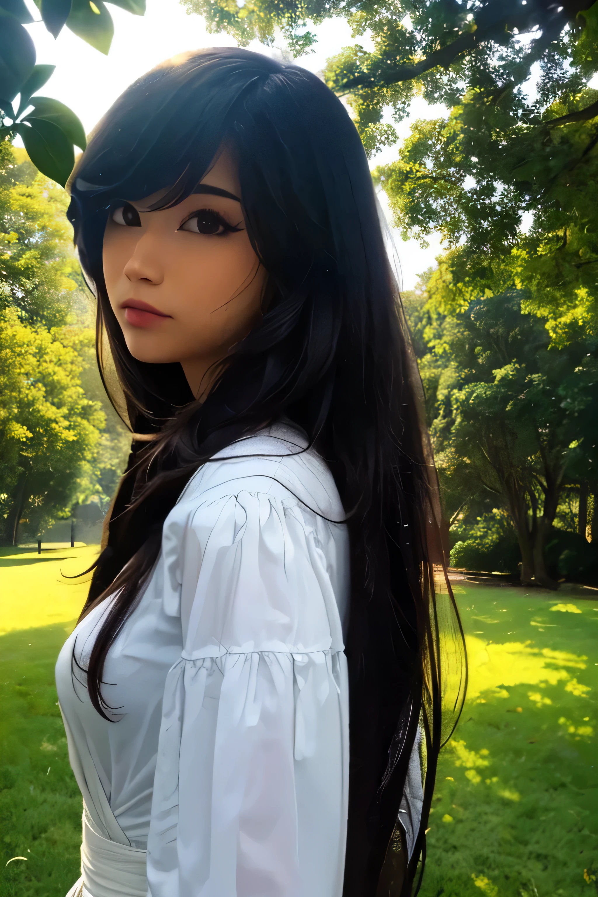 (rule of thirdasterpiece), (highly detailed), (realistic), (photorealistic),(1girl, black hair, long hair, brown eyes, Emiru, looking at viewer, white dress,) (park background, flowers, trees, foliage, grass, sunny, outdoors,) (close up, cowboy shot, dynamic lighting, cinematic lighting, depth of field, bokeh, godrays, fog, volumetric lighting,)