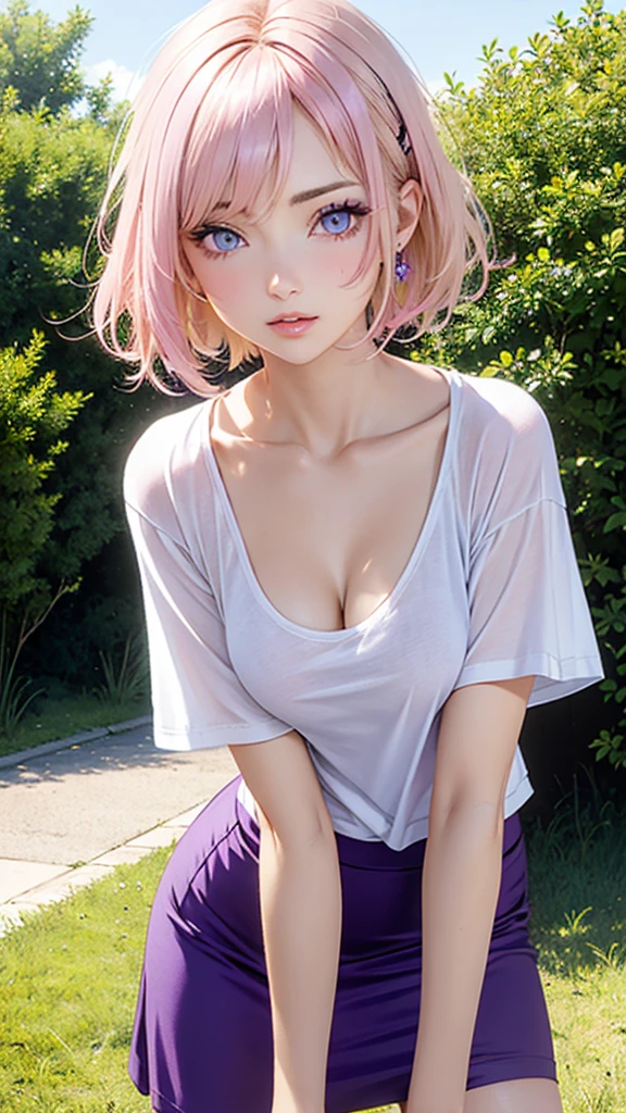 Realistic, Hyper Detail, Girls Only, yo, Dynamic Lighting, (Glossy skin: 1.5), Masterpiece, Top Quality, Absurdity, one side cut layered bob,((Blonde to pink Hair:1.urple clear Eyeeautiful, detailed eyes, jewel-like eyes, sparkling eyes:1.3)) ,BREAK
1girl, cute,
from front, from below,
all fours, bent over, peeping, (small breasts:1.2), oversized (T-shirt:1.3), culotte skirt, opened cleavage, (bra:0.8),,
outdoor, grasslands, sunlight, blue sky,
wondering