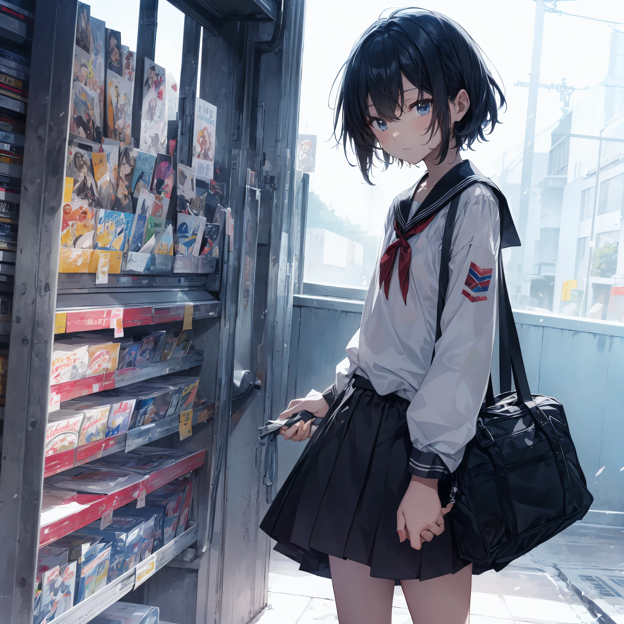 Super high quality by the art god, Ultra-detailed, High resolution, anime moe art style, best anime 8K konachan wallpaper, Pixiv Contest Winner, Perfect Anatomy, BREAK,(Draw a girl sleepily walking to school. ),BREAK, 1girl in, (Solo,Lori,,13yea:1.3),Full limbs, complete fingers,a junior gynous attraction, (Very short hair), Sleeping hair, hair messy, flat chest, Small butt, groin, Small eyes,Beautiful detailed black eyes, Well-proportioned iris and pupils, disgusted eye, High resolution detailed hair, School uniform, Skirt, On the way to school. BREAK,Ultra-detailed細なスキン, Best lighting by famous artists, 8K, Illustration,