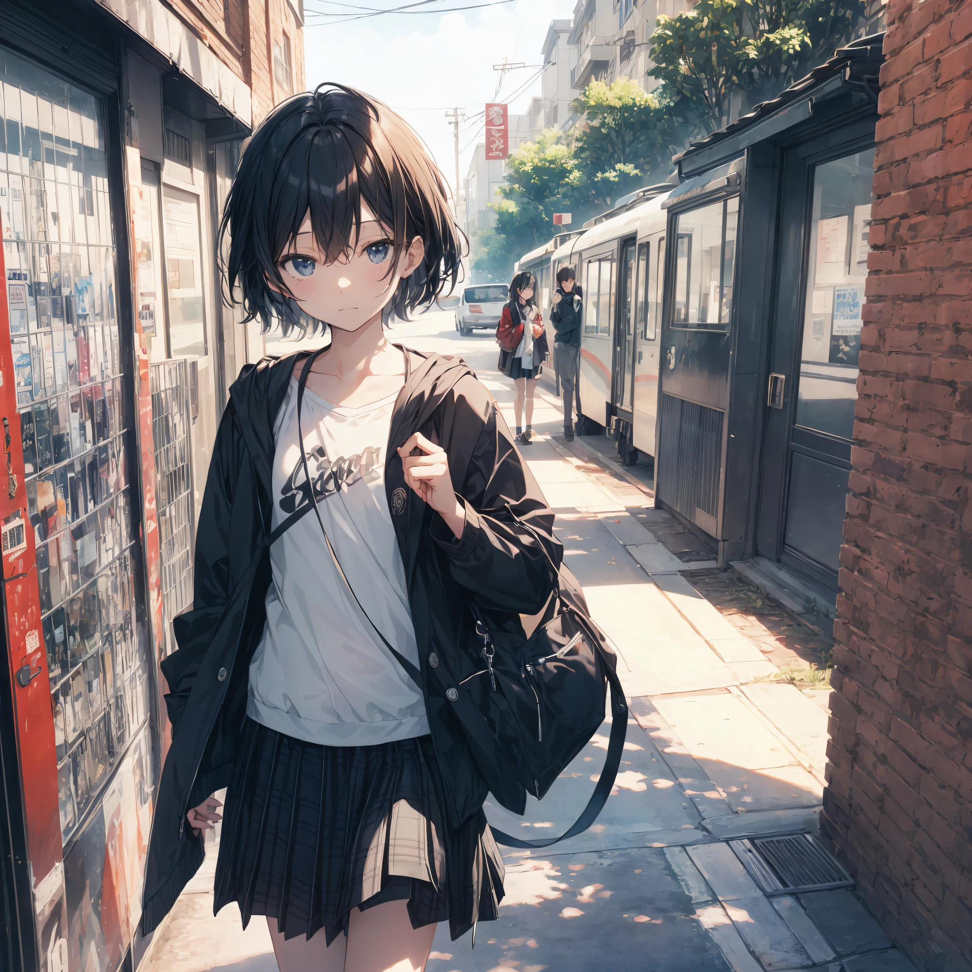 Super high quality by the art god, Ultra-detailed, High resolution, anime moe art style, best anime 8K konachan wallpaper, Pixiv Contest Winner, Perfect Anatomy, BREAK,(Draw a girl sleepily walking to school. ),BREAK, 1girl in, (Solo,Lori,child,13years:1.3),Full limbs, complete fingers,a junior high school student, Androgynous attraction, (Very short hair), Sleeping hair, hair messy, flat chest, Small butt, groin, Small eyes,Beautiful detailed black eyes, Well-proportioned iris and pupils, disgusted eye, High resolution detailed hair, School uniform, Skirt, On the way to school. BREAK,Ultra-detailed細なスキン, Best lighting by famous artists, 8K, Illustration,