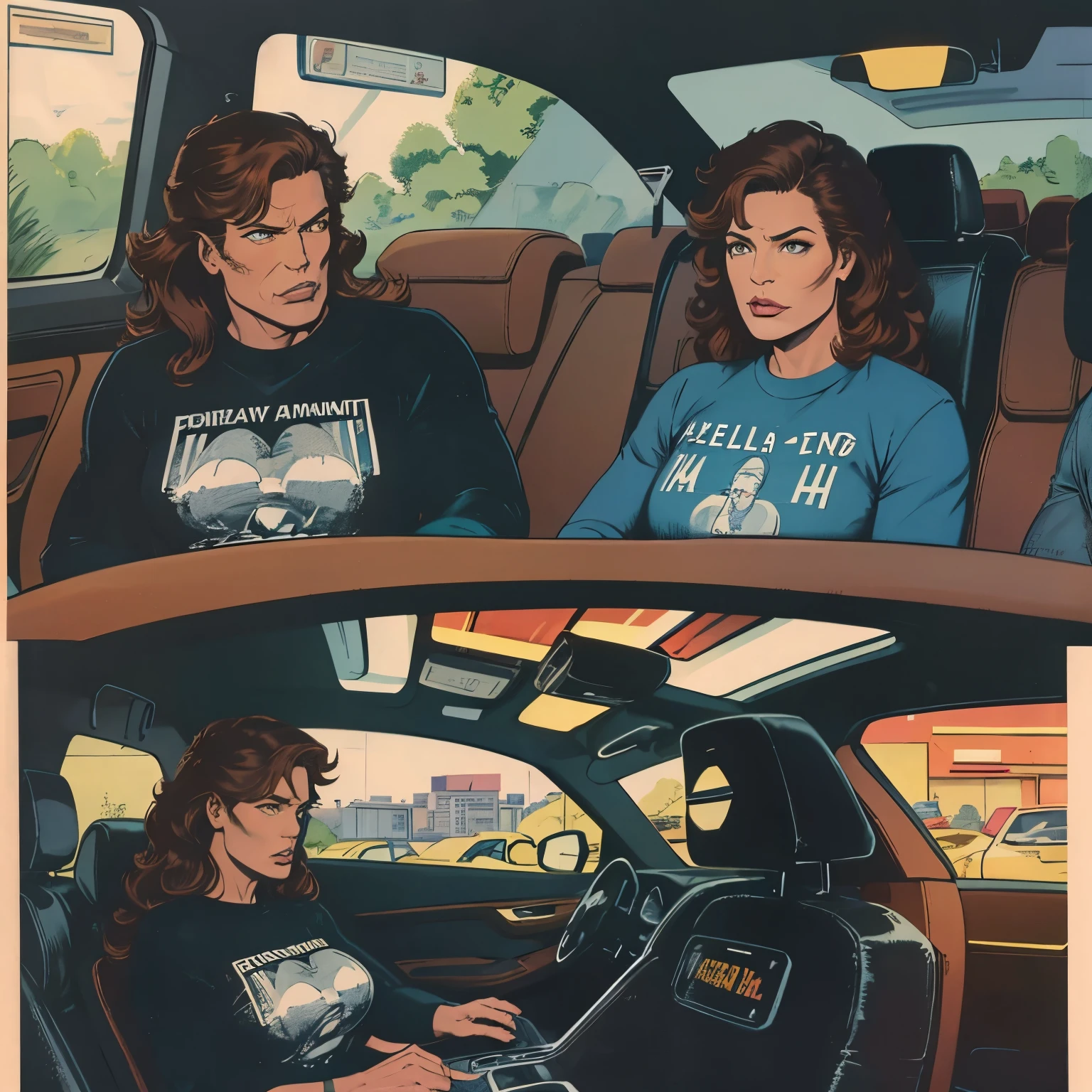 mujer, brown-hair, Brown leather jacket, black t-shirt, blue jeans, driving a car similar knight rider car (inside)