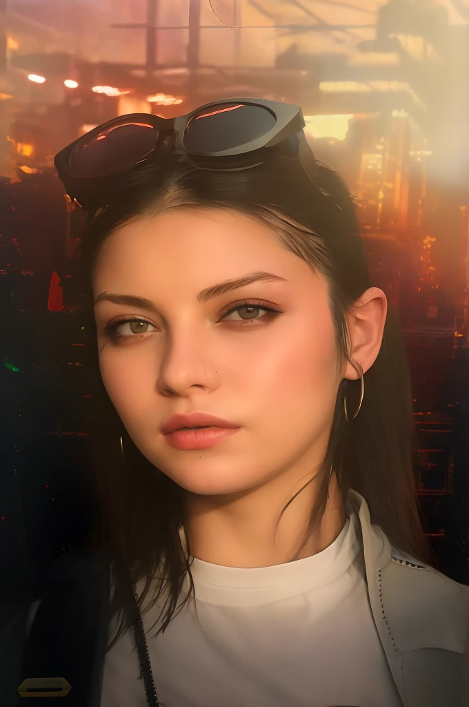 There is a woman with sunglasses on her head and a white shirt, Realistischer Kunststil, photoRealistischer Kunststil, realistic Digitale Malerei, The Cyberpunk Girl Portrait, glatt. Digitale Malerei, Realismus Kunststil, Niedrig detailliert. Digitale Malerei, # 1 Digitale Malerei of all time, #1 Digitale Malerei of all time, photorealistic Digitale Malerei, Realistische digitale Kunst 4 K