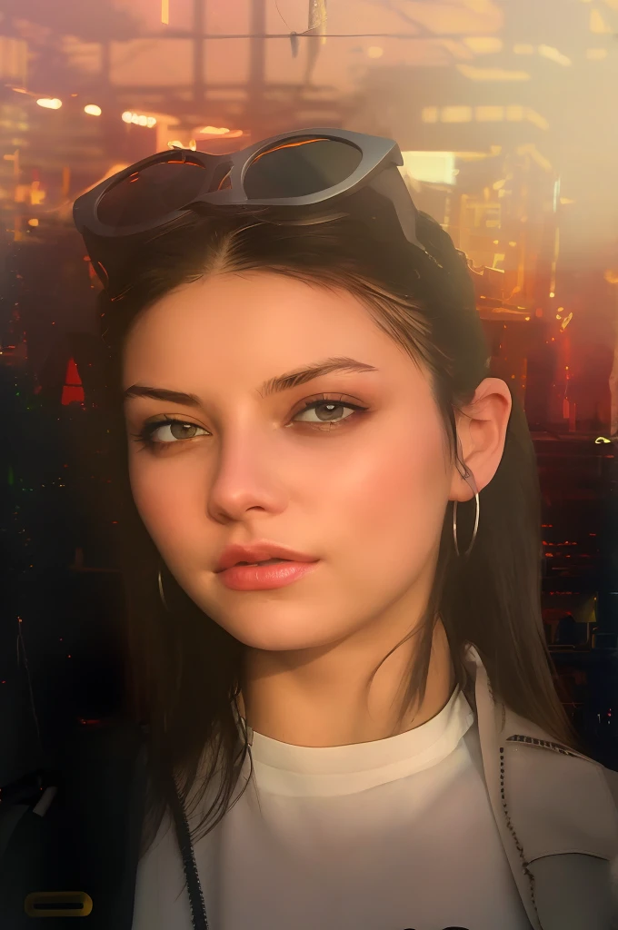 There is a woman with sunglasses on her head and a white shirt, Realistischer Kunststil, photoRealistischer Kunststil, realistic Digitale Malerei, The Cyberpunk Girl Portrait, glatt. Digitale Malerei, Realismus Kunststil, Niedrig detailliert. Digitale Malerei, # 1 Digitale Malerei of all time, #1 Digitale Malerei of all time, photorealistic Digitale Malerei, Realistische digitale Kunst 4 K